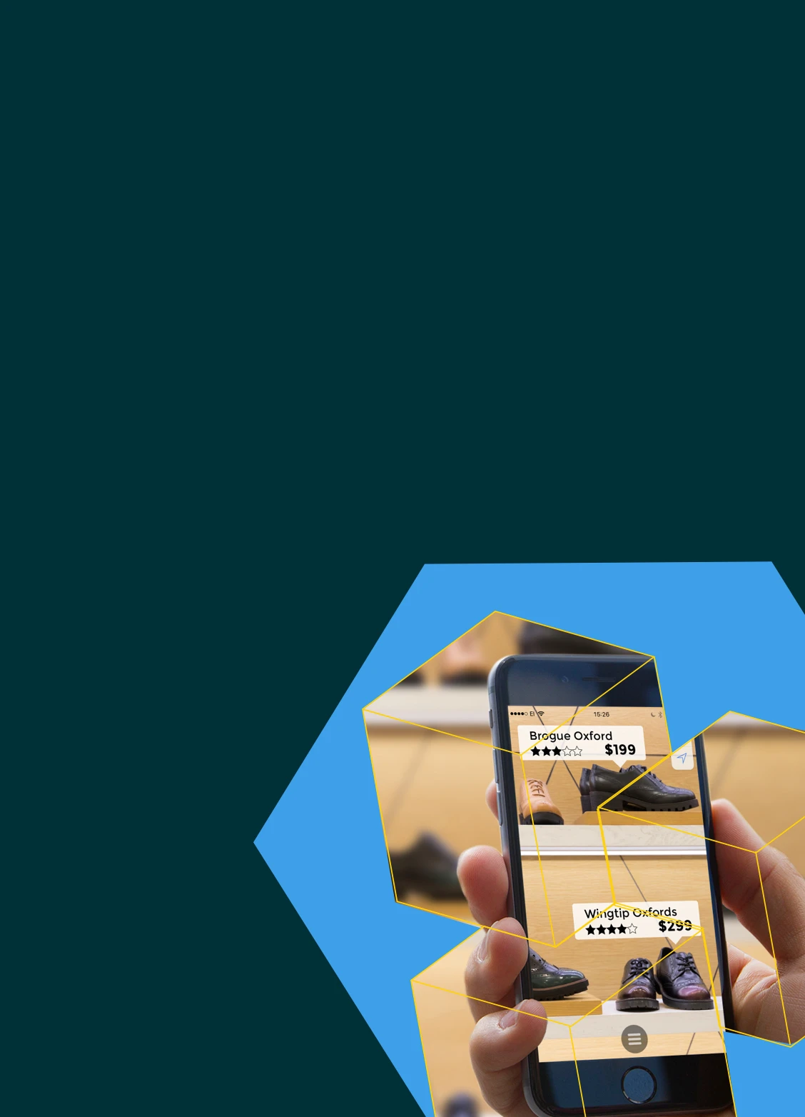 Hand holding smartphone displaying augmented reality interface with prices and ratings for Brogue Oxford and Wingtip Oxfords shoes.