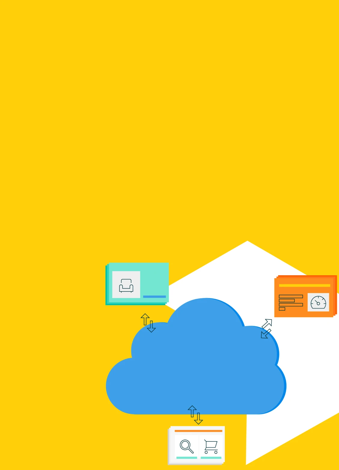 Blue cloud icon connected with upward and downward arrows to three colored rectangles with icons representing a couch, speedometer, and shopping cart on a yellow background.