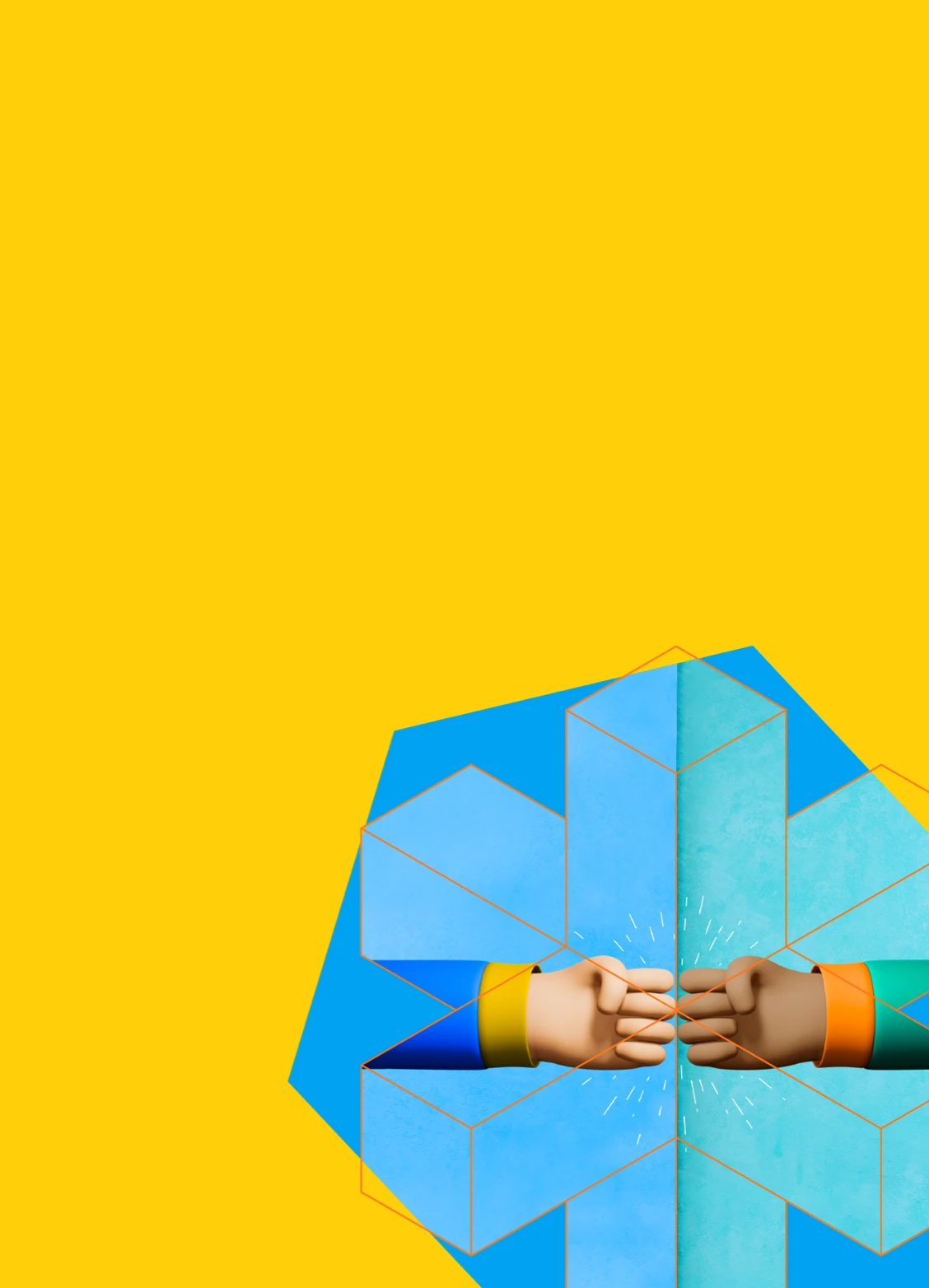 Illustration of two diverse hands performing a fist bump against a yellow background with blue geometric shapes.