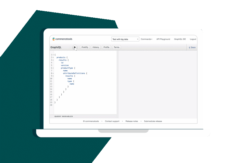 Animated laptop screen showing commercetools GraphiQL interface querying product attributes in GraphQL format.