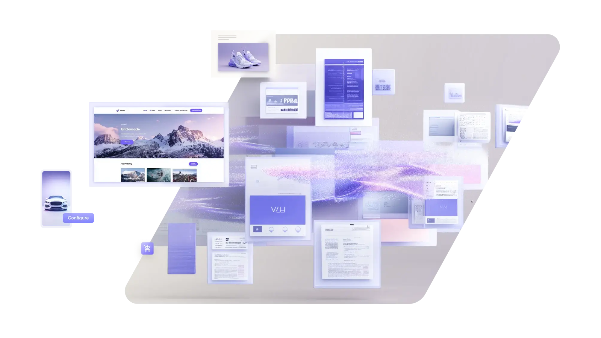 Digital cloud of floating website and document interfaces connected by purple and pink light trails.