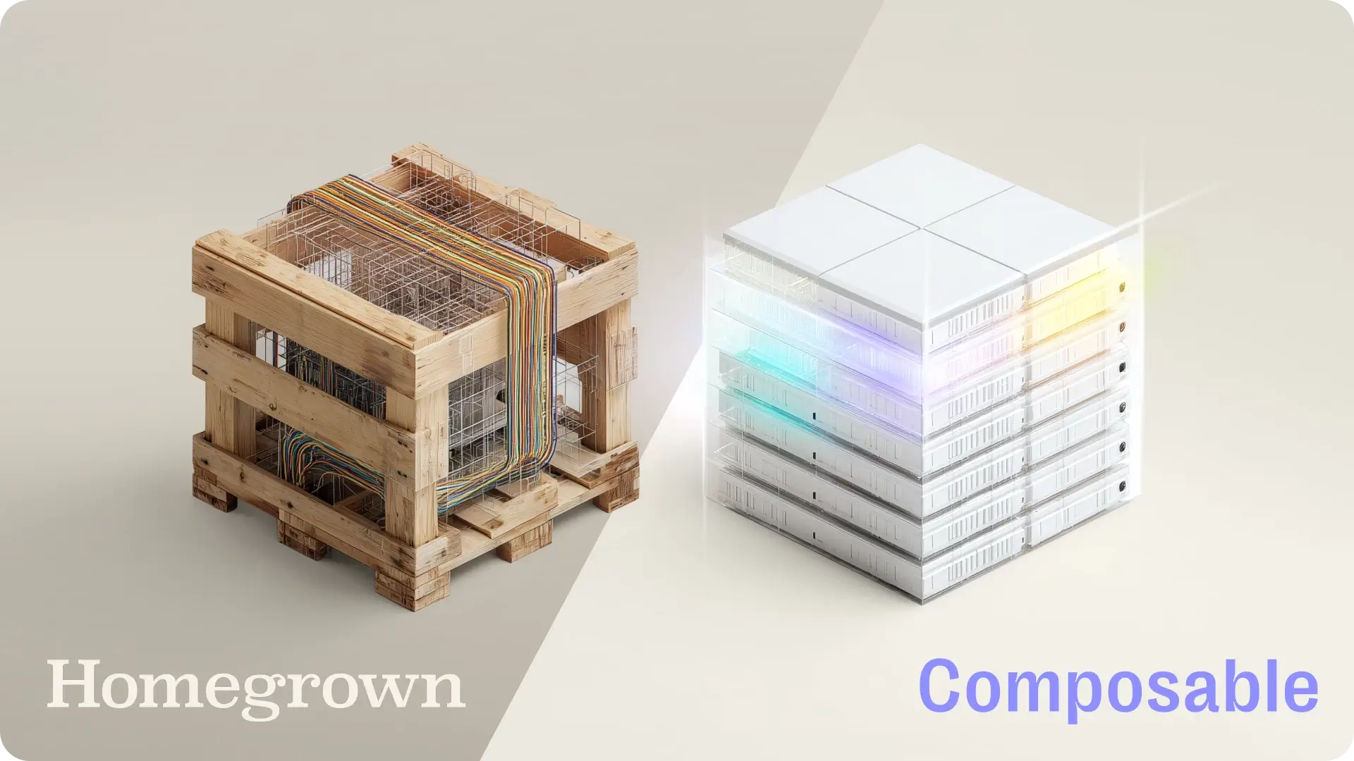 Comparison of two server rack designs: an old wooden crate with exposed cables labeled 'Homegrown' on the left, and a sleek modern white modular stack labeled 'Composable' on the right.