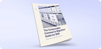 Cover of a guide titled 'The Composable Commerce Migration Guide for B2B' featuring a drawer cabinet with labels.