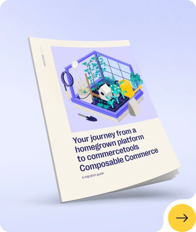 Guidebook titled 'Your journey from a homegrown platform to commercetools Composable Commerce' with an illustration of a small greenhouse and gardening tools on the cover.