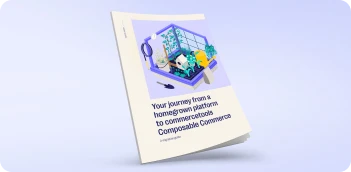 Illustration of a person sitting at a laptop inside a shopping cart with text about transitioning from a homegrown platform to composable commerce.