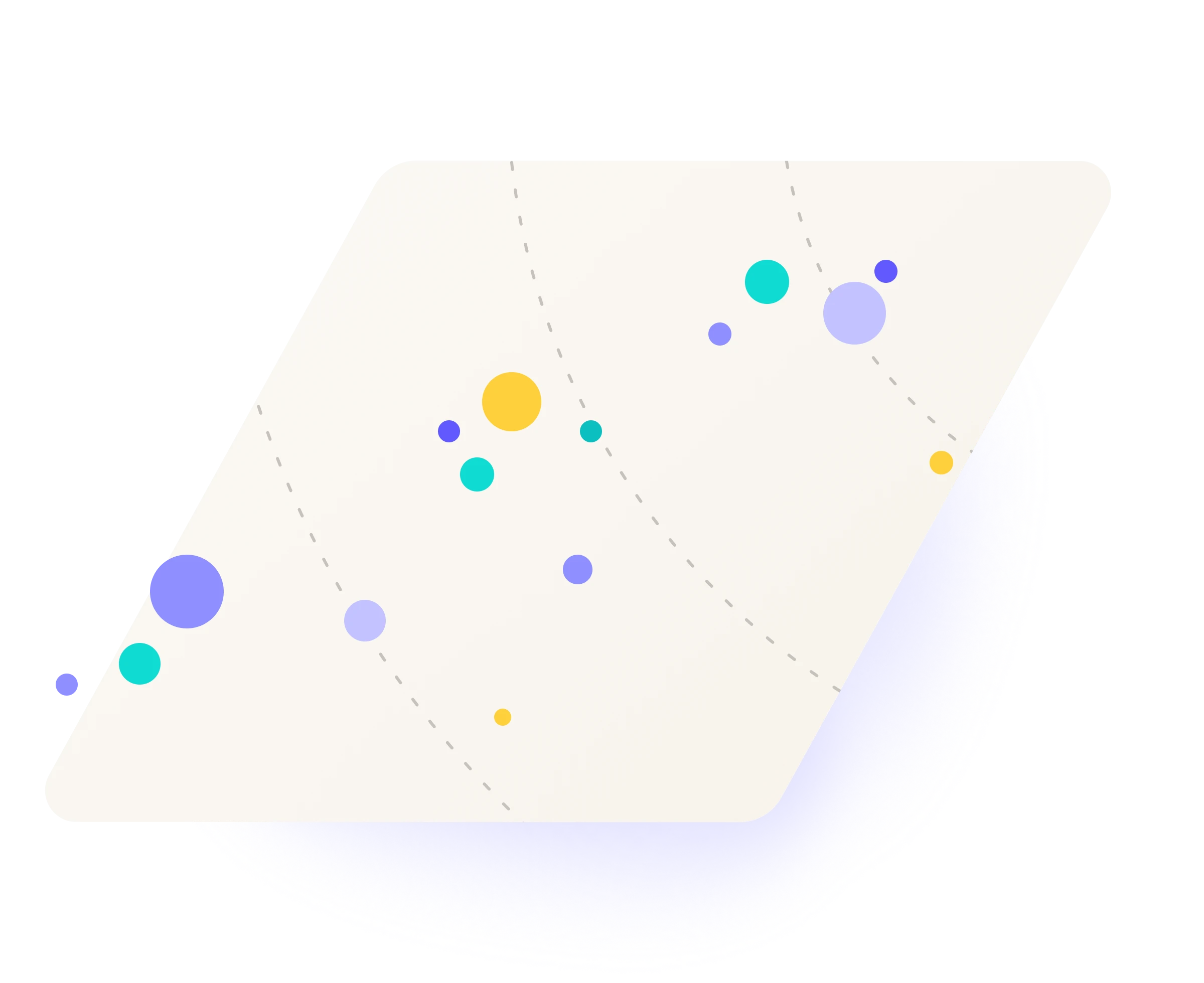 Abstract graphic featuring a tilted parallelogram shape with scattered colorful circles and dashed curved lines on a light background.