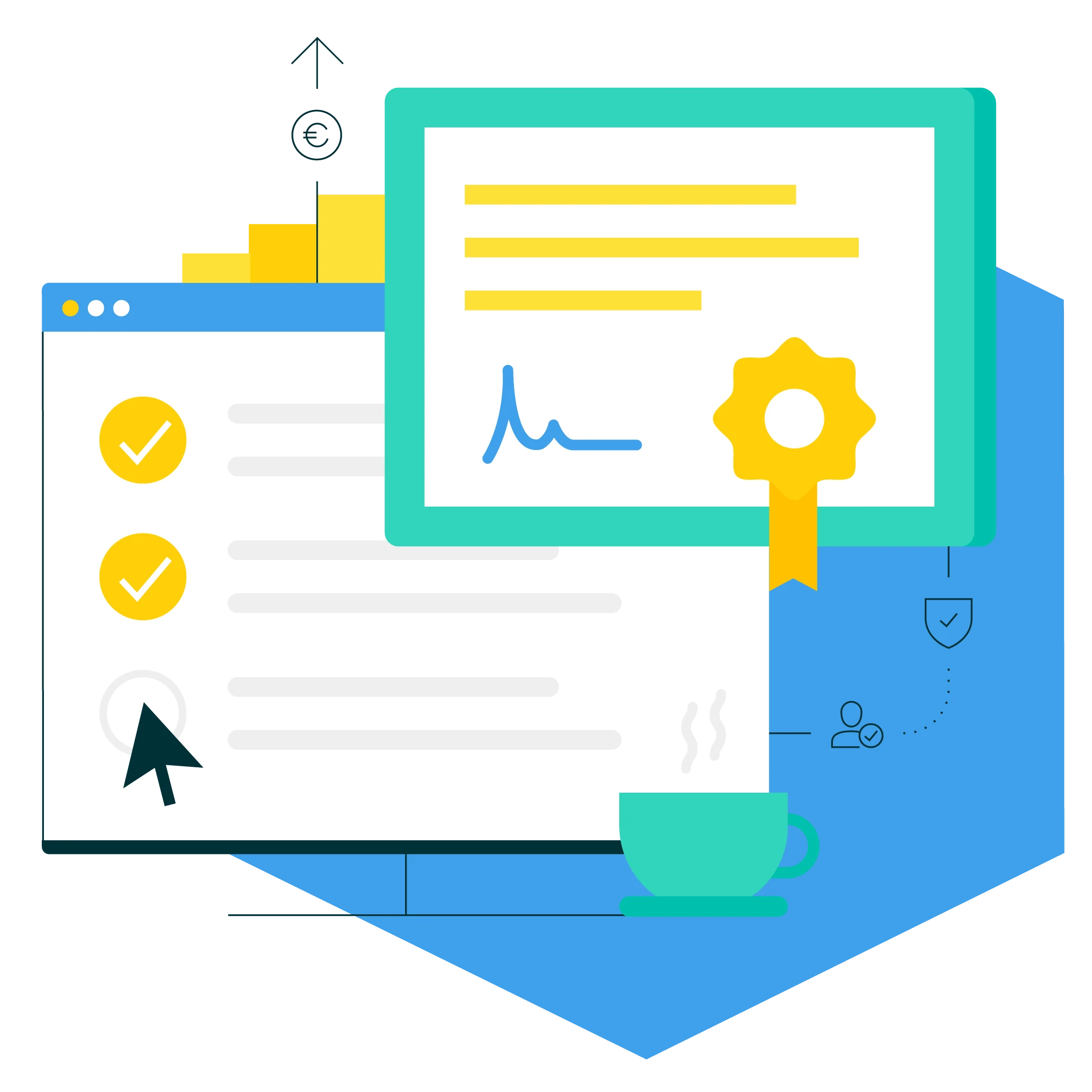 Illustration of a checklist with two completed items and one pending, a certificate with a seal and signature, a steaming cup, and upward growth bars.
