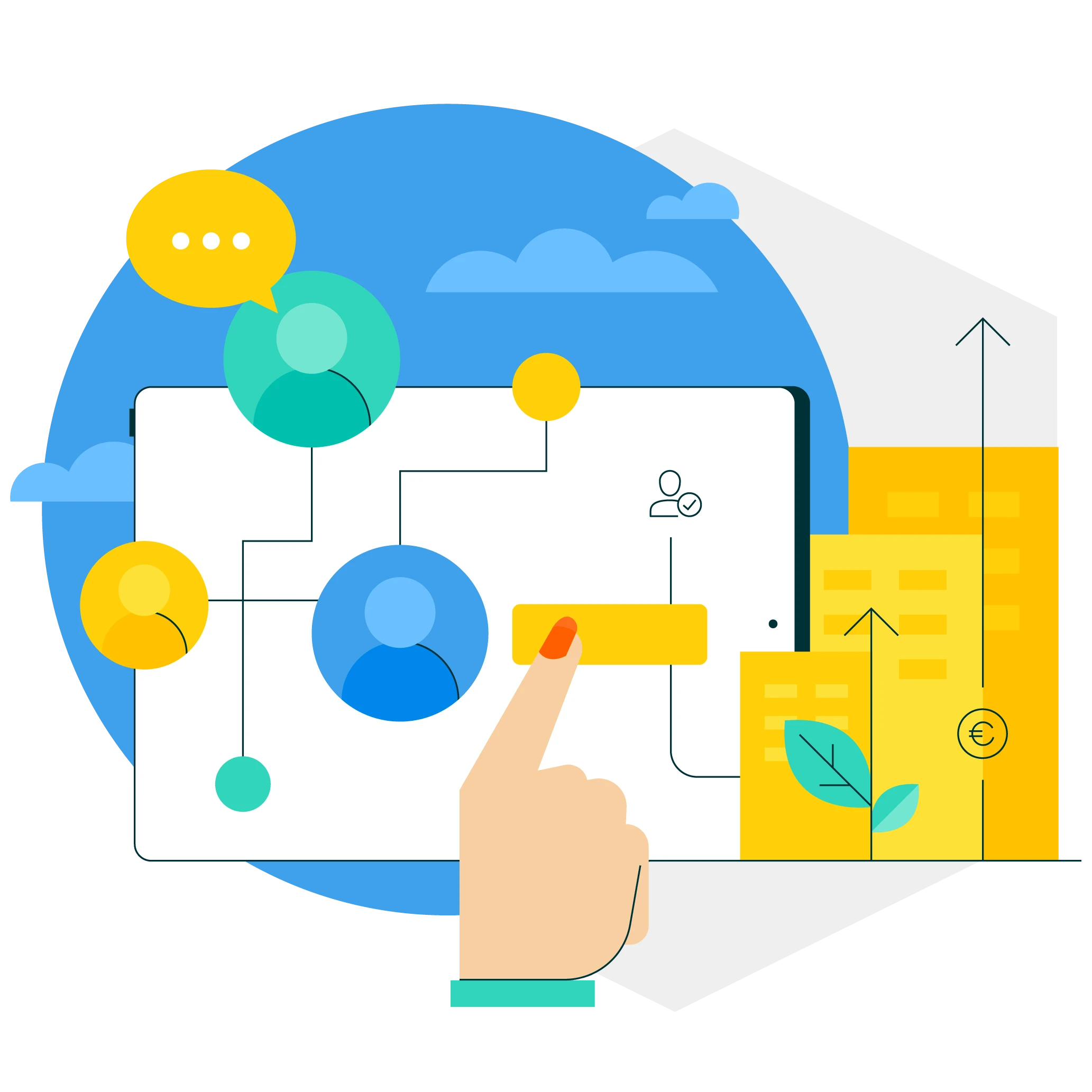 Illustration of a hand interacting with a digital network of connected user icons and data, with upward arrows and buildings symbolizing growth.