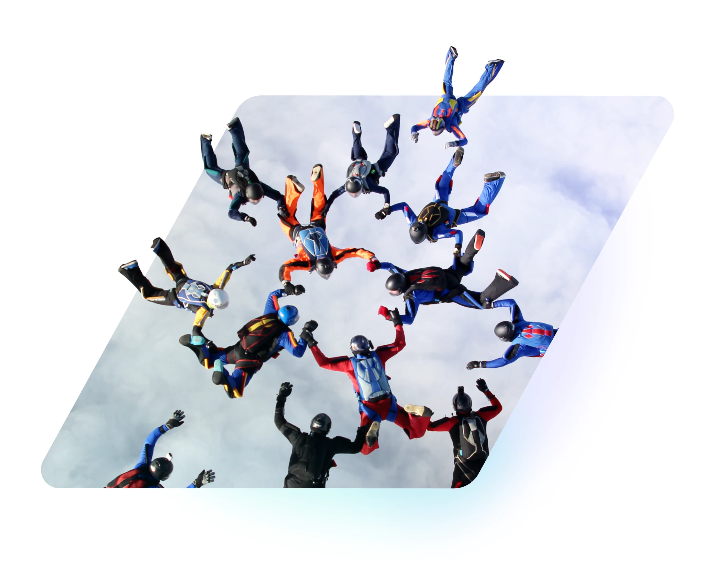 Group of skydivers in colorful suits forming a circle hand-holding during freefall.