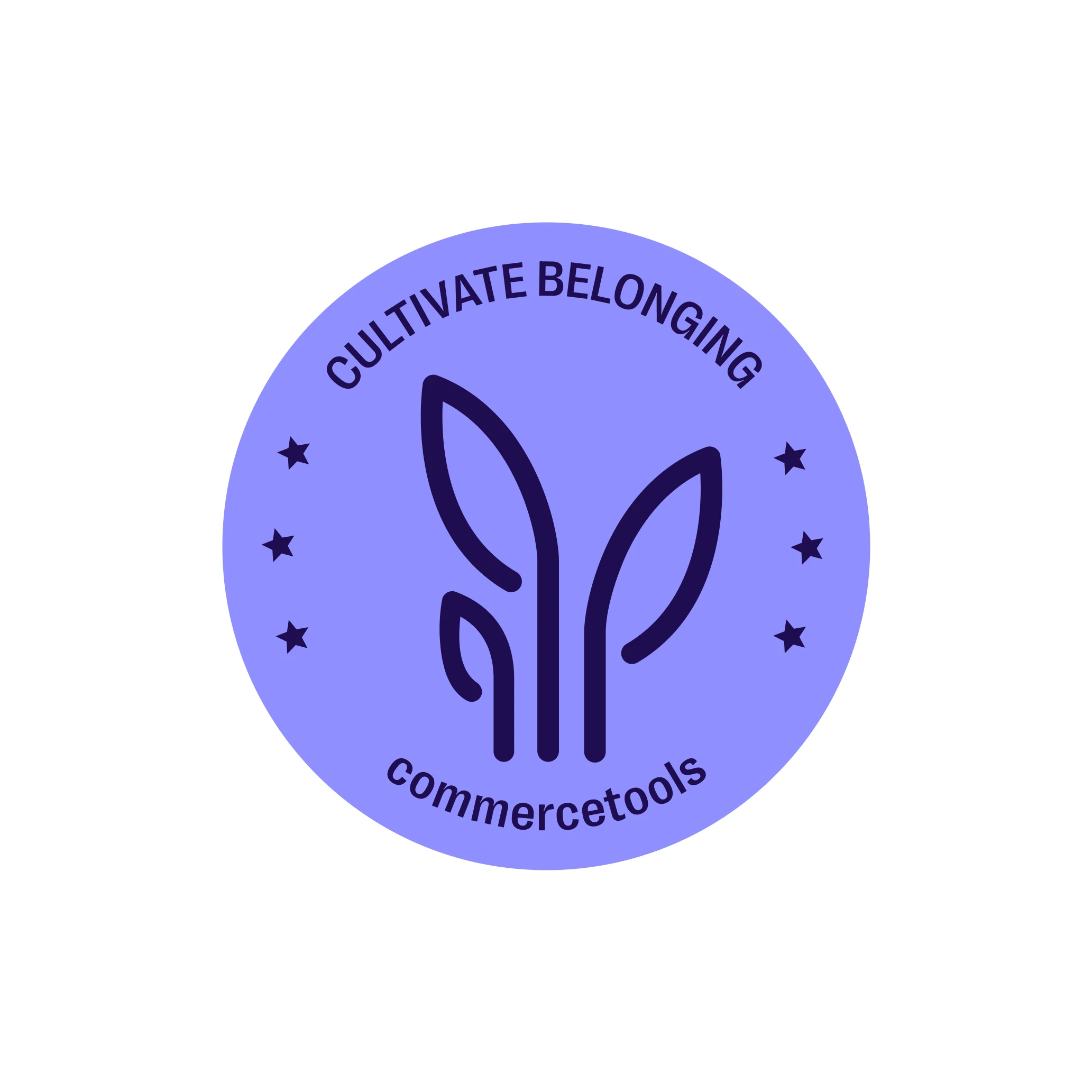 Purple circular badge with three stylized leaf shapes in the center, text reading 'CULTIVATE BELONGING' above and 'commercetools' below, surrounded by six stars.