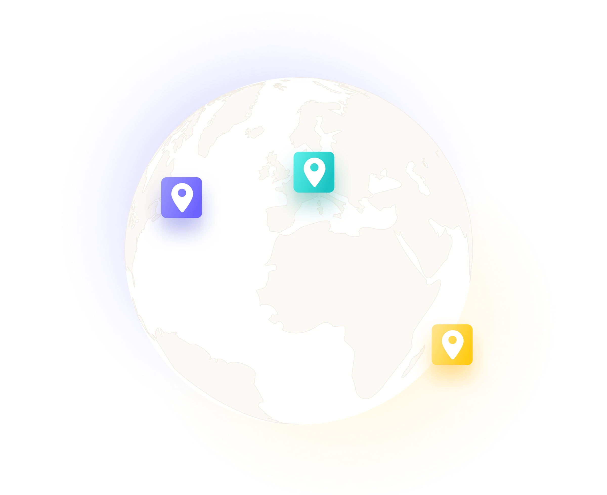 Illustration of a globe with three location pins in blue, teal, and yellow around Europe and Africa.