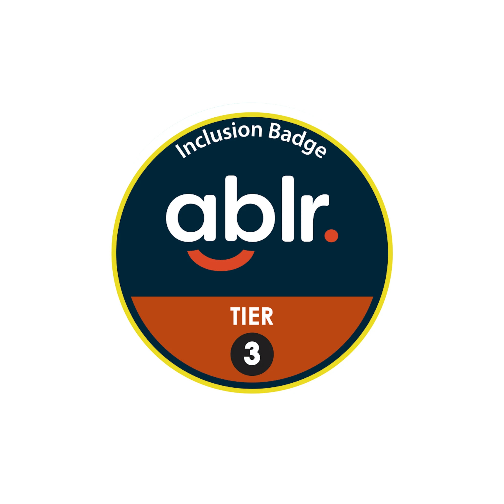 Round inclusion badge with dark blue top and orange bottom, featuring the word 'ablr' and 'Tier 3' label.