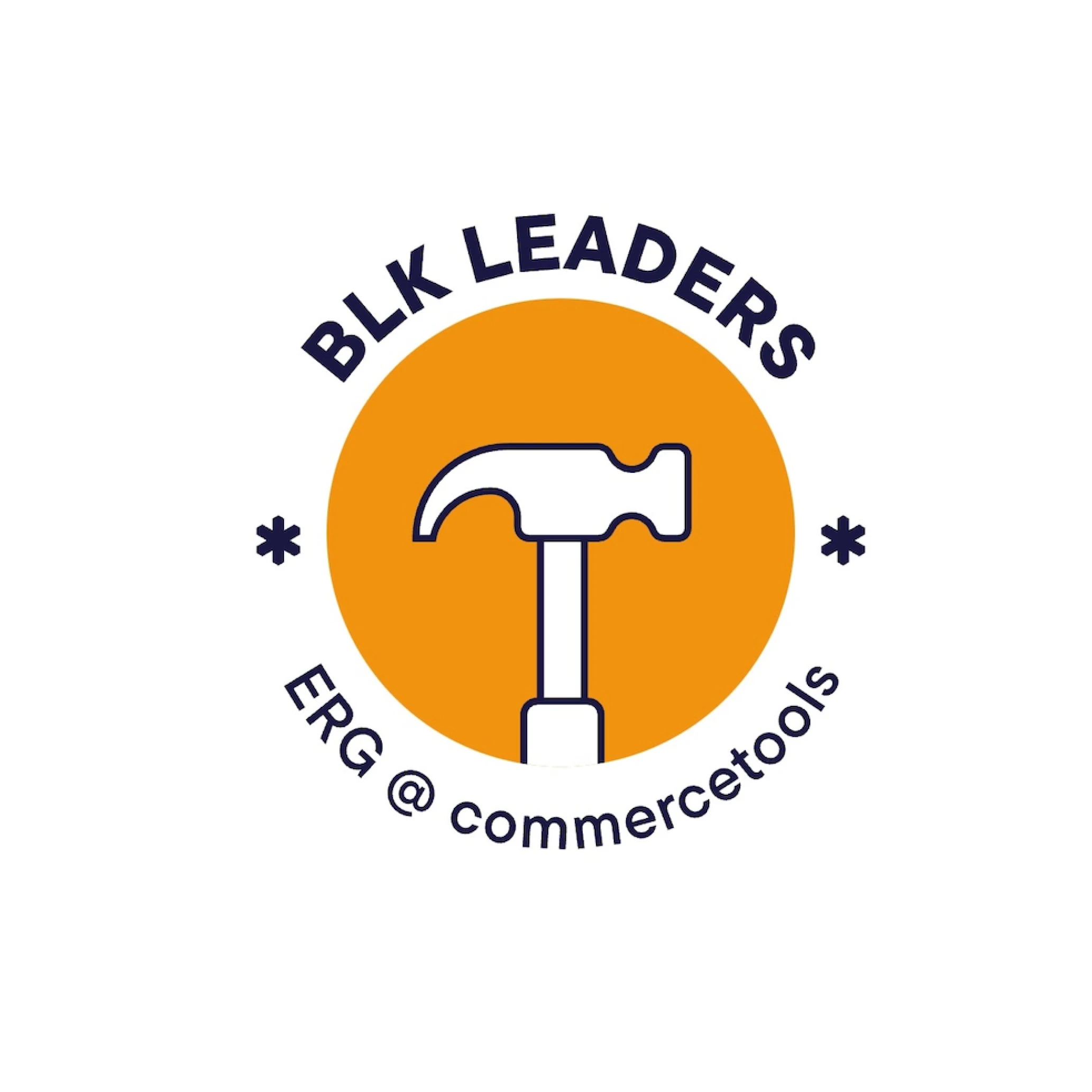 Logo with a white hammer inside an orange circle, surrounded by the text 'BLK LEADERS' above and 'ERG @ commercetools' below.