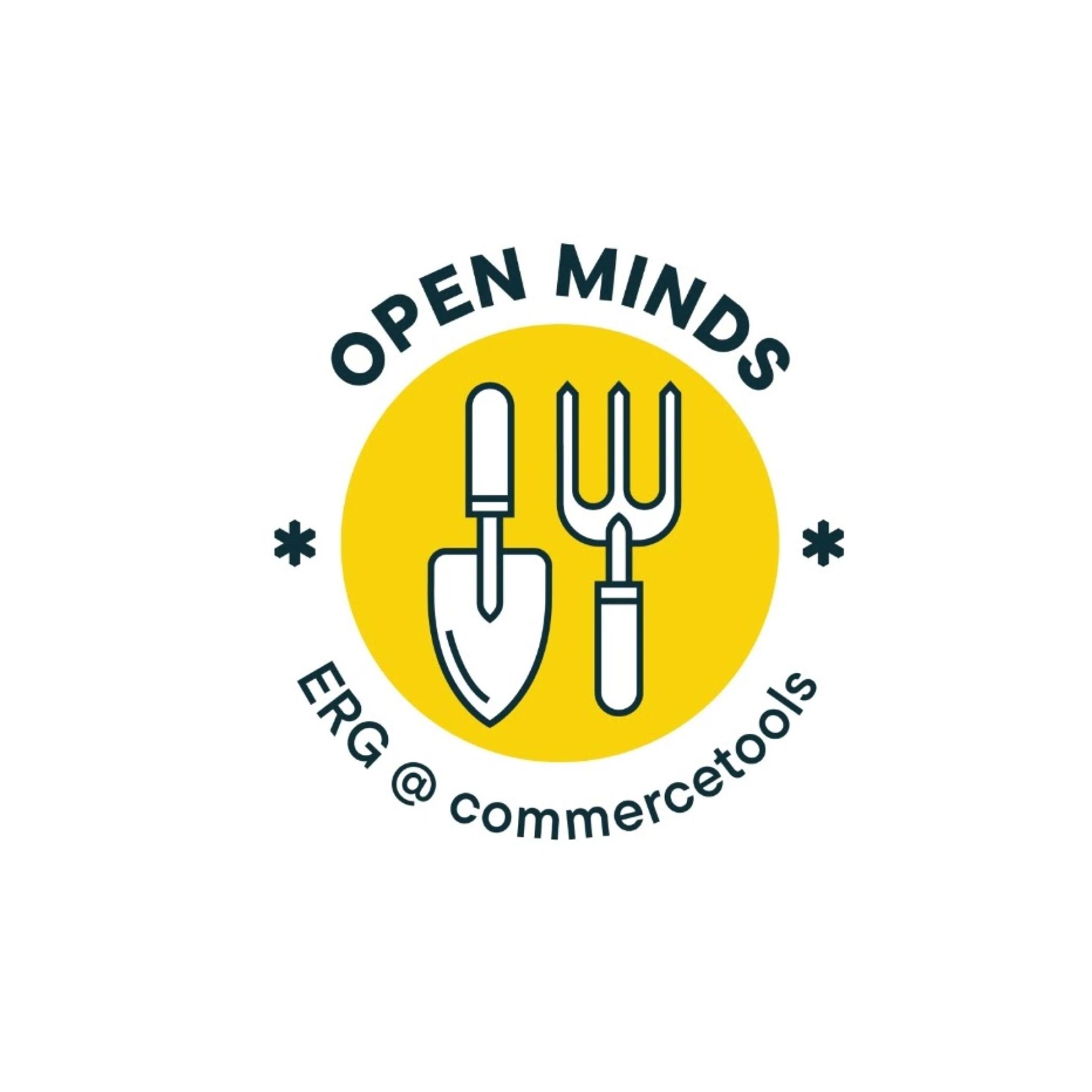 Logo with a yellow circle containing garden tools: a trowel and a hand fork, surrounded by the text 'OPEN MINDS' above and 'ERG @ commercetools' below with asterisks on each side.