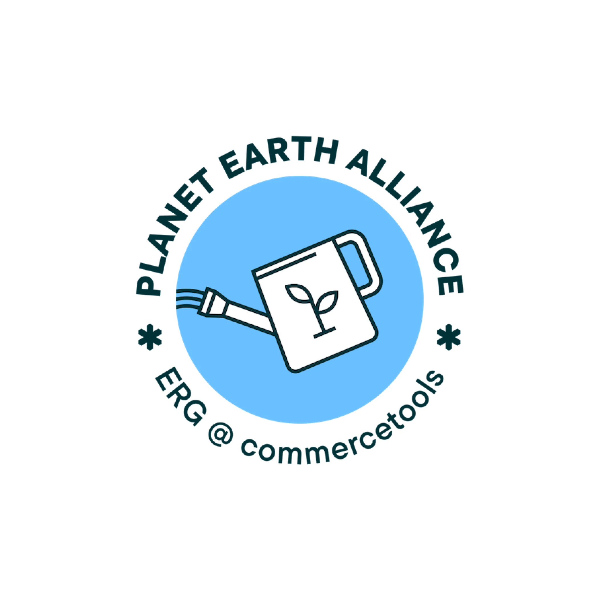 Logo with a watering can featuring a sprouting plant inside a blue circle, surrounded by text 'PLANET EARTH ALLIANCE' and 'ERG @ commercetools'.