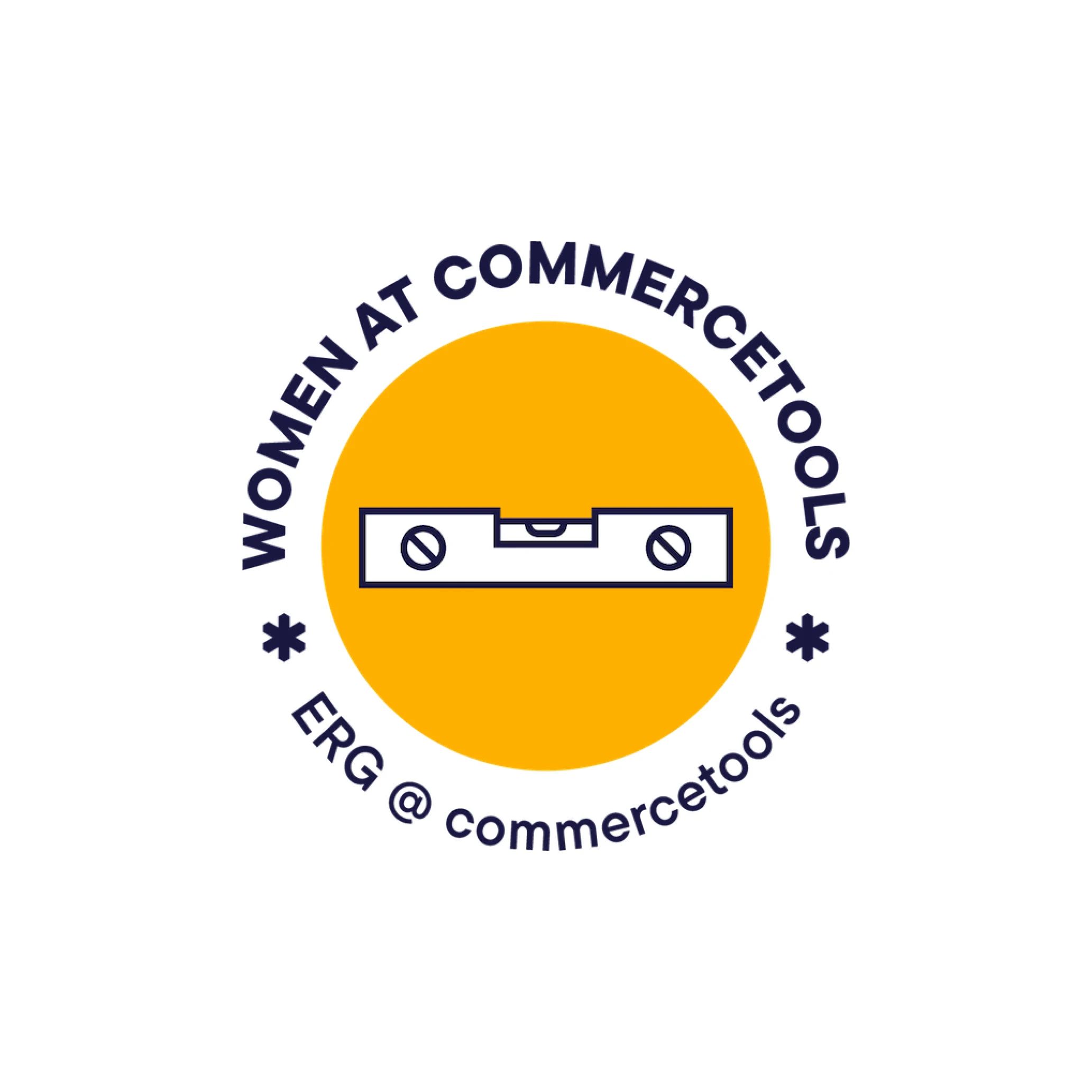 Logo with a yellow circle containing a black outline of a spirit level tool, surrounded by text saying 'Women at commercetools' and 'ERG @ commercetools' with asterisks.