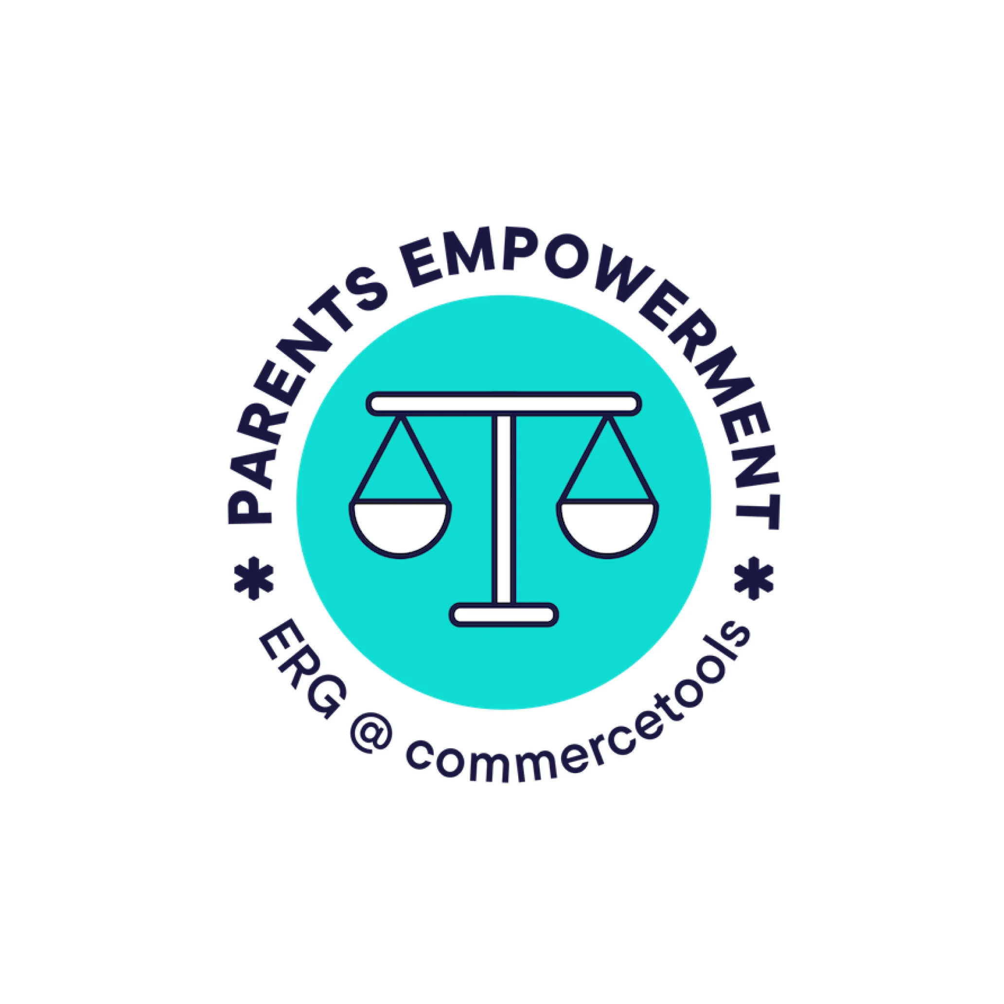 Logo with a balanced scale icon inside a turquoise circle, surrounded by text reading 'Parents Empowerment ERG @ commercetools'.