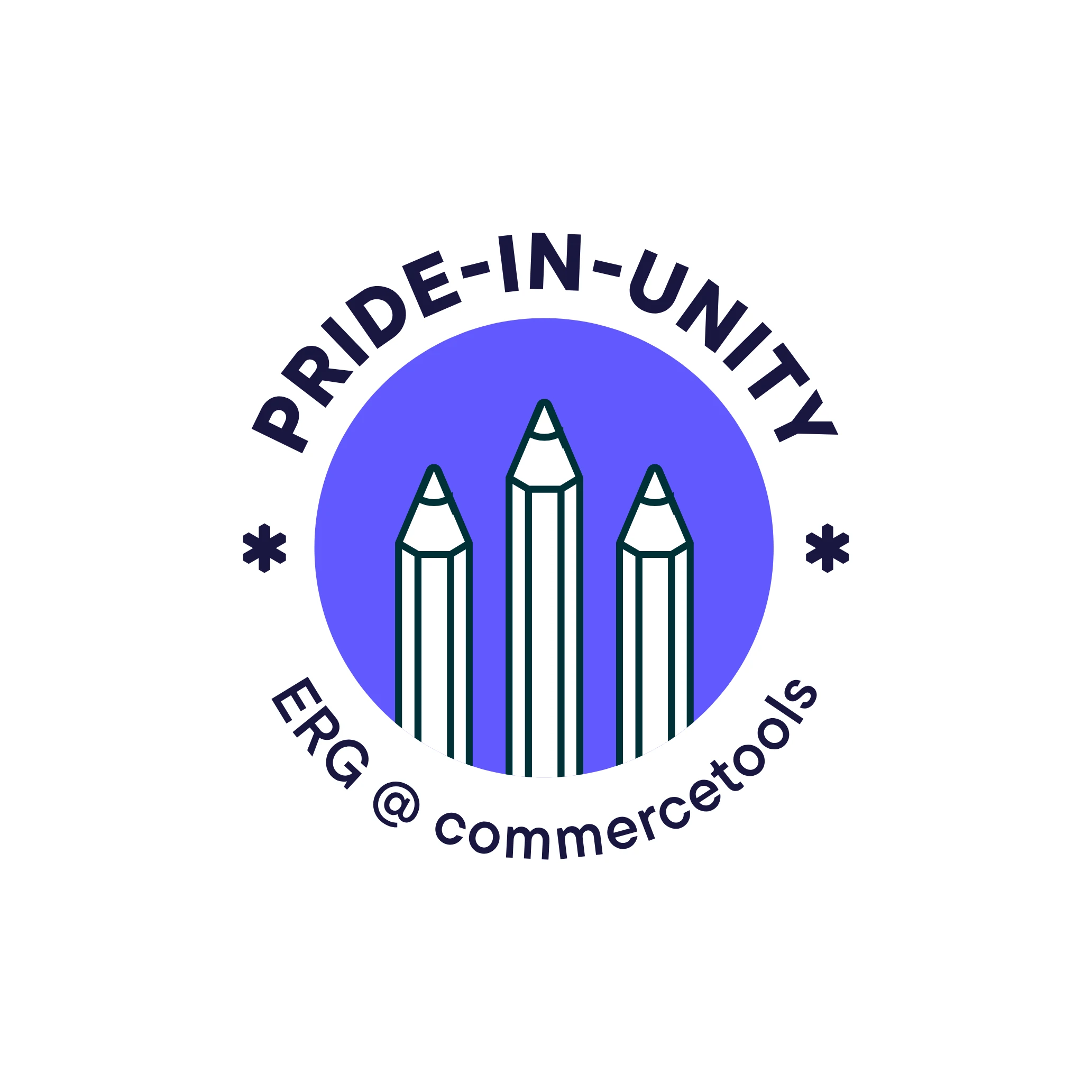 Logo with three pencils inside a purple circle and text around saying 'PRIDE-IN-UNITY' and 'ERG @ commercetools'.