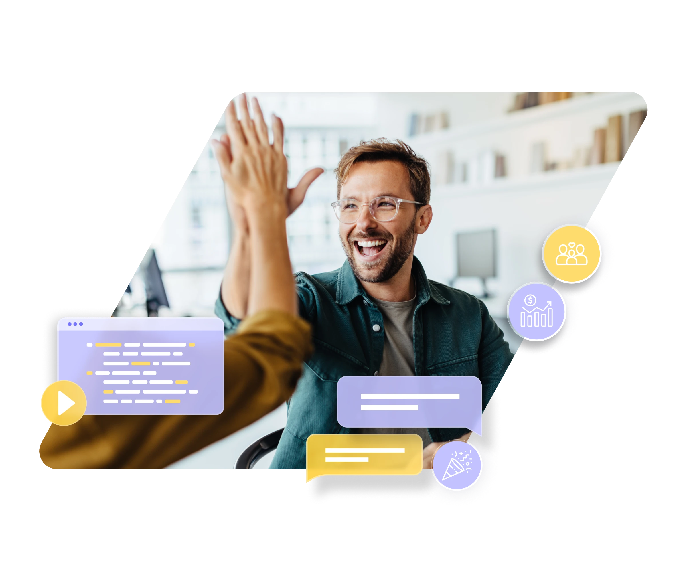 Happy man with glasses giving a high five in a bright office, surrounded by icons of charts, people, and messages.