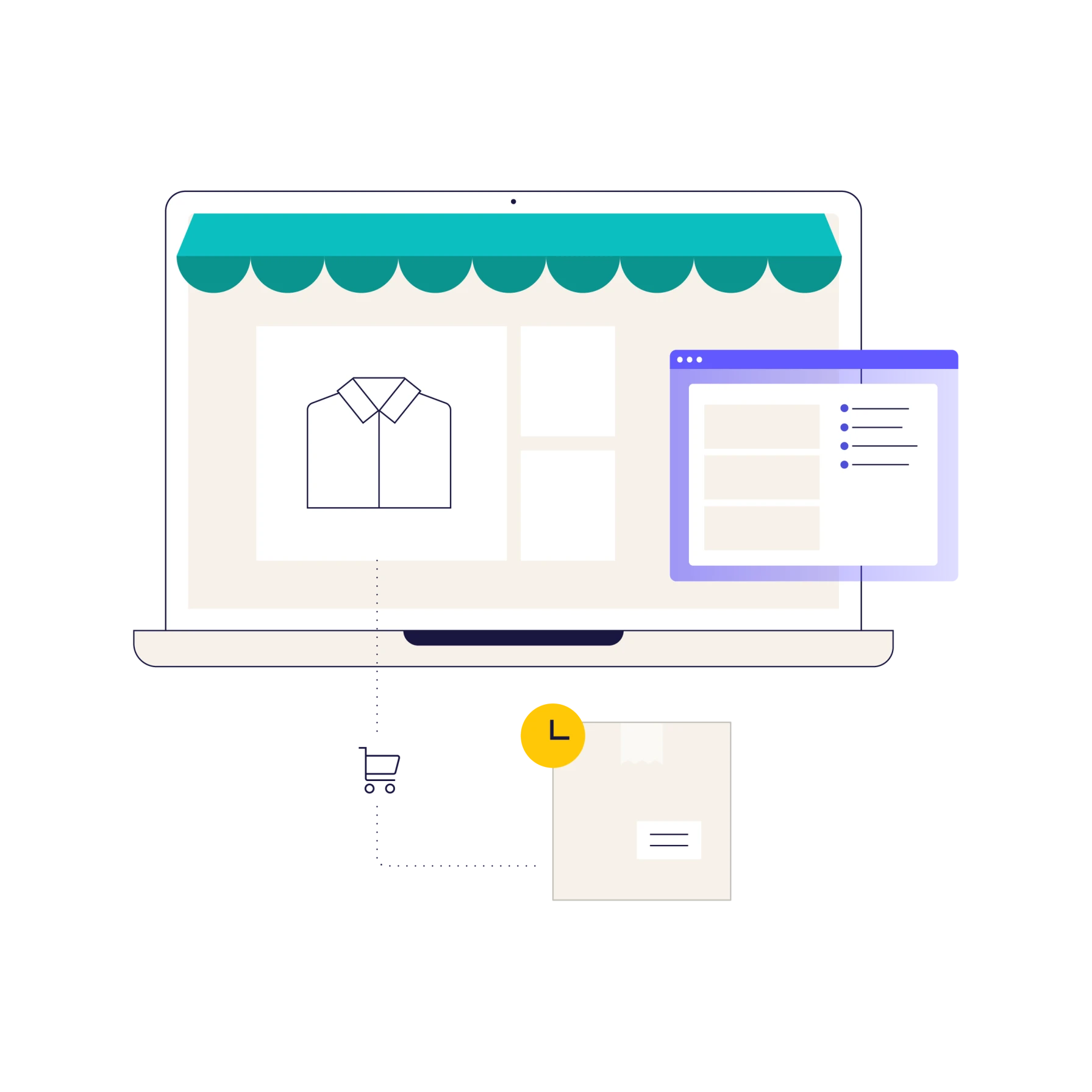 Illustration of a laptop displaying an online store interface with a shirt icon, a shopping cart icon, and a package with a clock symbol representing order fulfillment.