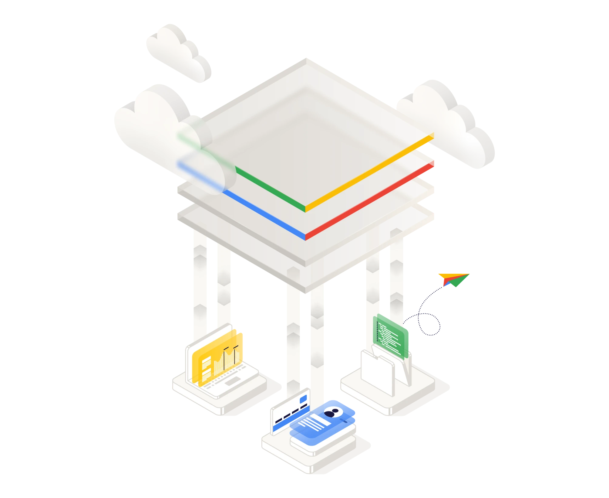 Isometric illustration of a cloud platform with three pillars connecting to a laptop with analytics, a mobile device with user data, and a folder with code, accompanied by floating clouds and a paper airplane.