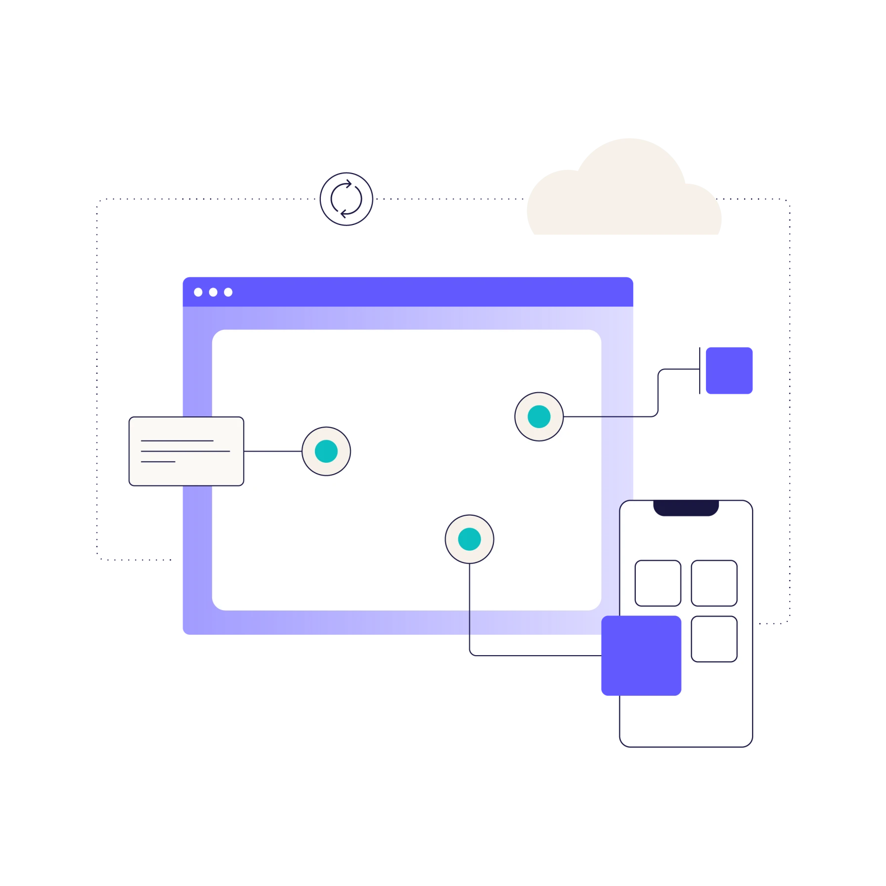 Illustration showing a cloud connected to a computer screen and smartphone, symbolizing cloud computing and synchronization.