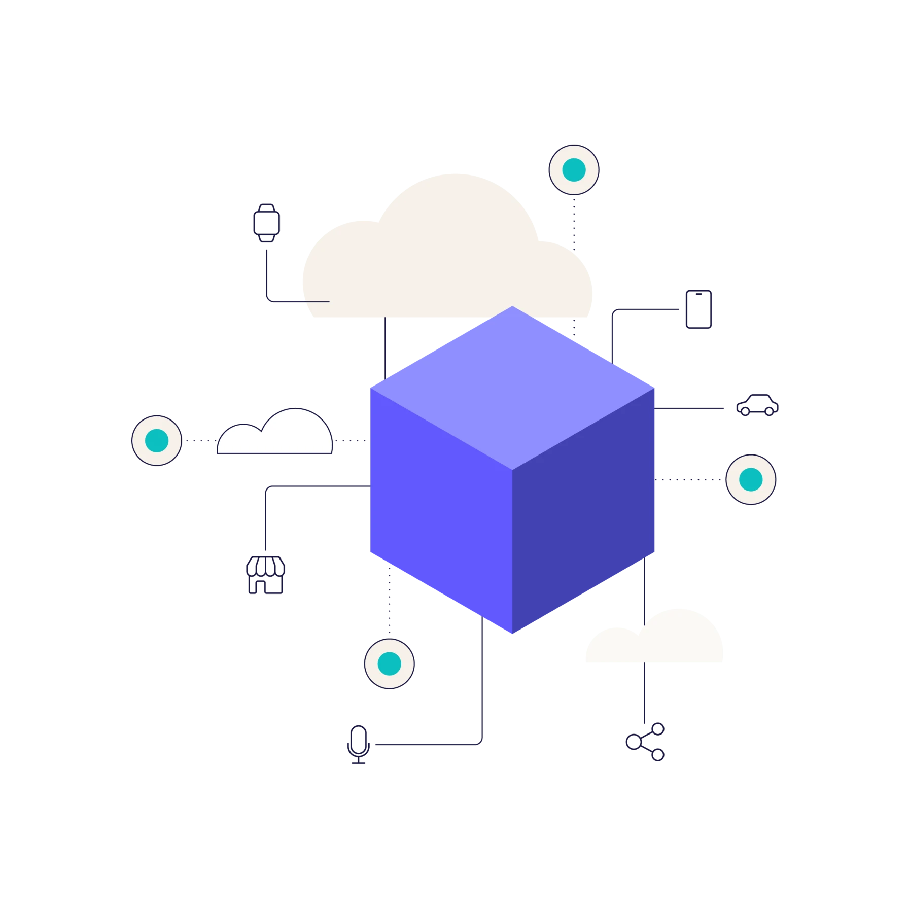 Illustration of a central purple cube connected to various cloud icons and device symbols representing cloud infrastructure.