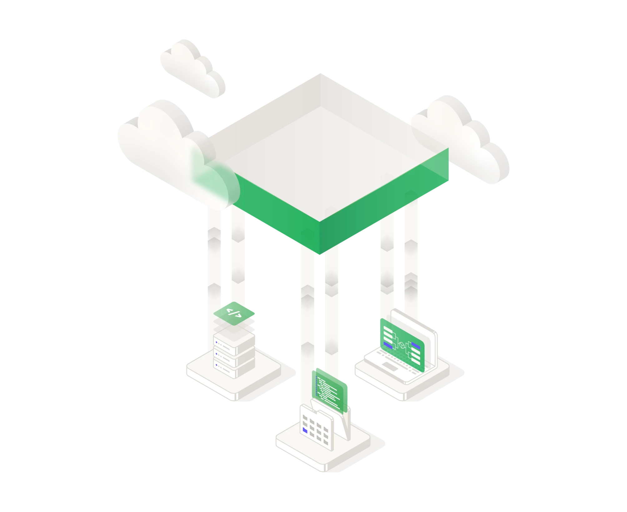 Isometric illustration showing a cloud computing concept with three connected devices: a server stack, a folder with code, and a laptop displaying a flowchart, all linked to a central cloud platform.
