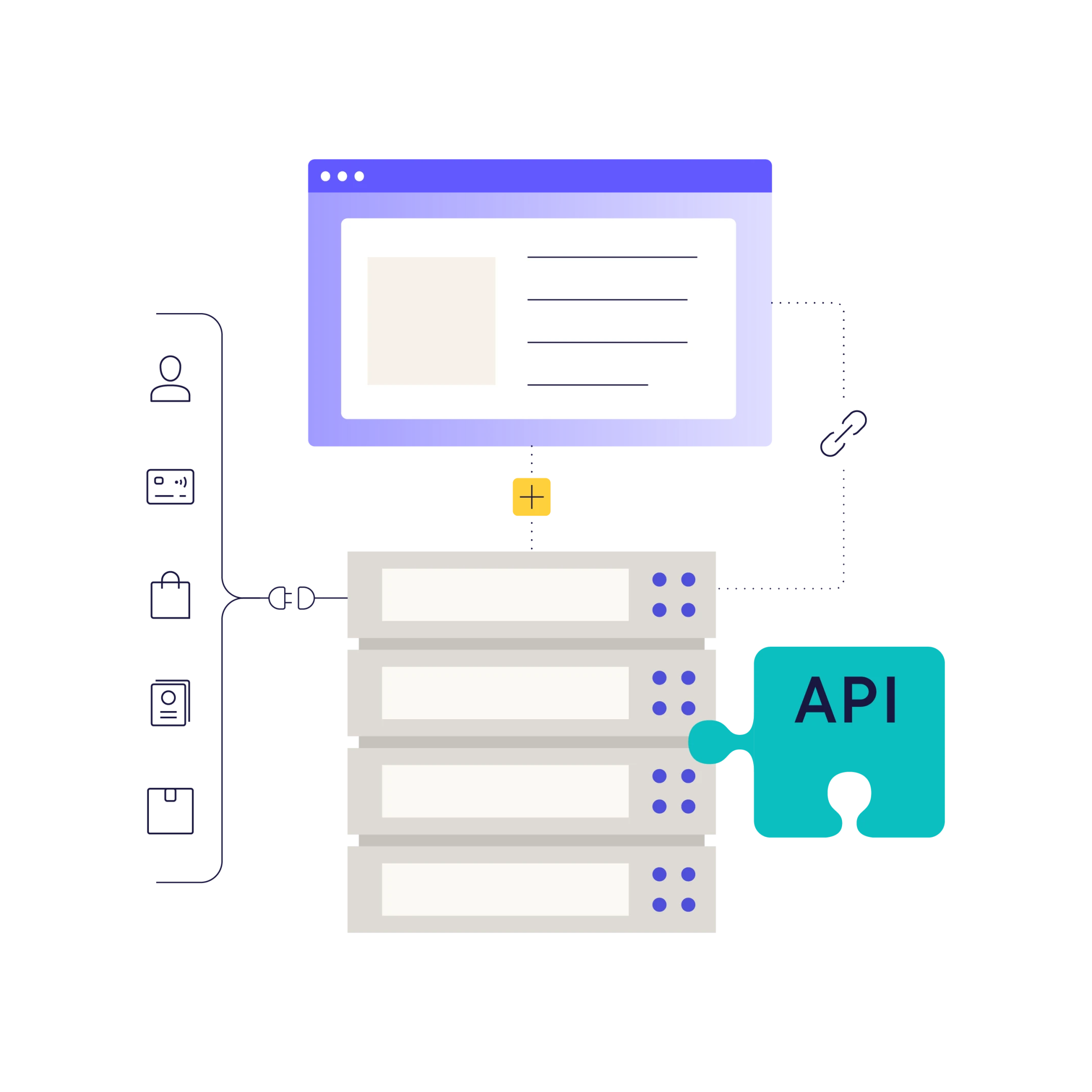Diagram showing a web page connecting to multiple database servers integrated with an API puzzle piece icon.