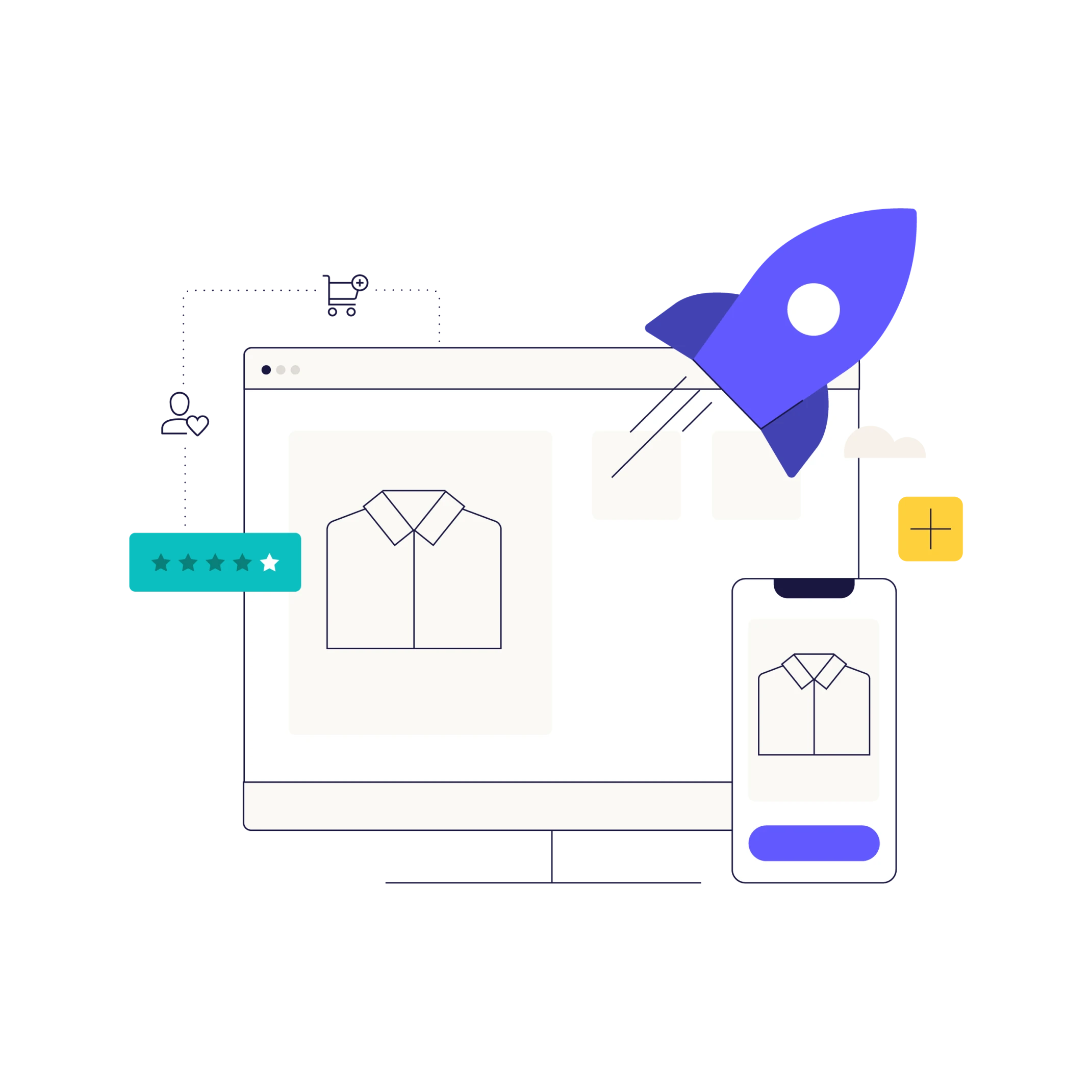 Illustration of an online shopping interface showing a shirt on a computer screen and mobile device with a rocket icon indicating fast or scalable performance.