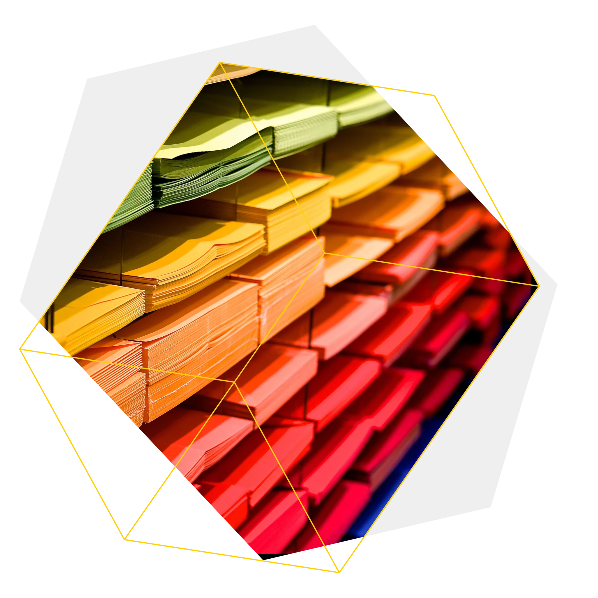 Shelves filled with neatly stacked paper sheets arranged in a gradient from green and yellow to orange and red.