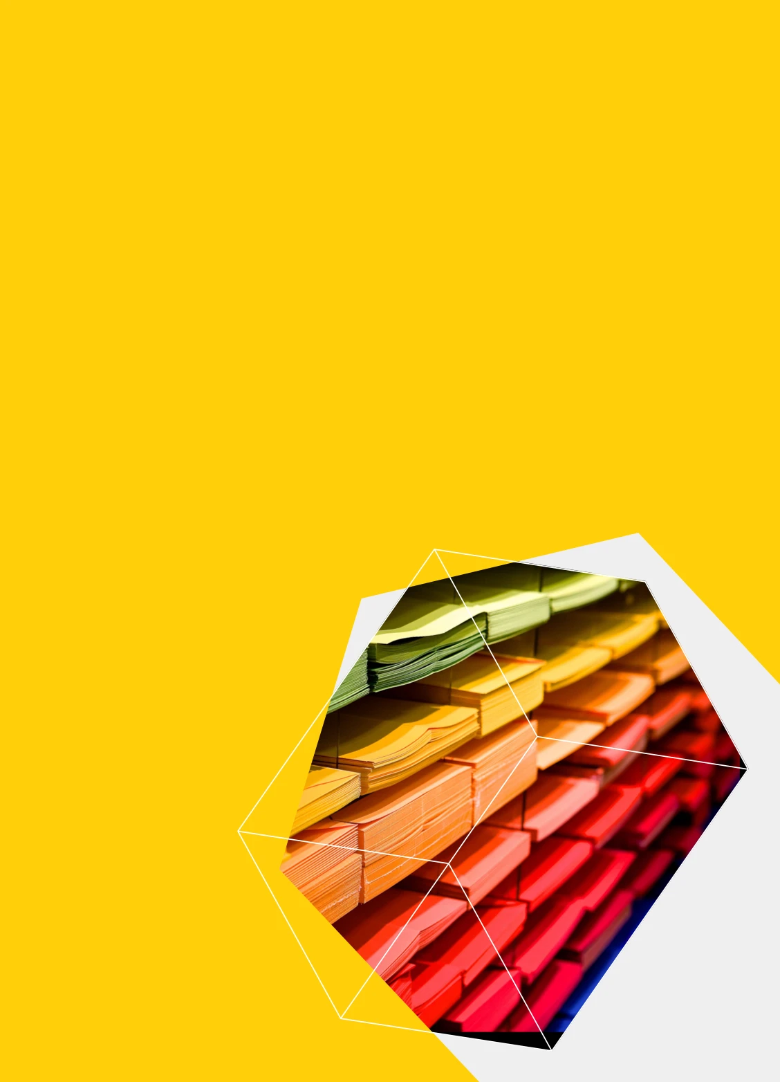 Stacks of colorful paper organized in horizontal rows with a yellow background and geometric frame.