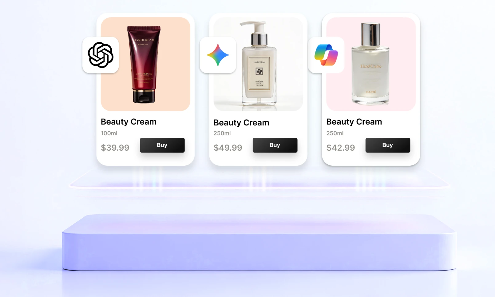 Three beauty cream products displayed with prices and 'Buy' buttons, including a 100ml red tube for $39.99, a 250ml pump bottle for $49.99, and a 250ml clear bottle for $42.99.