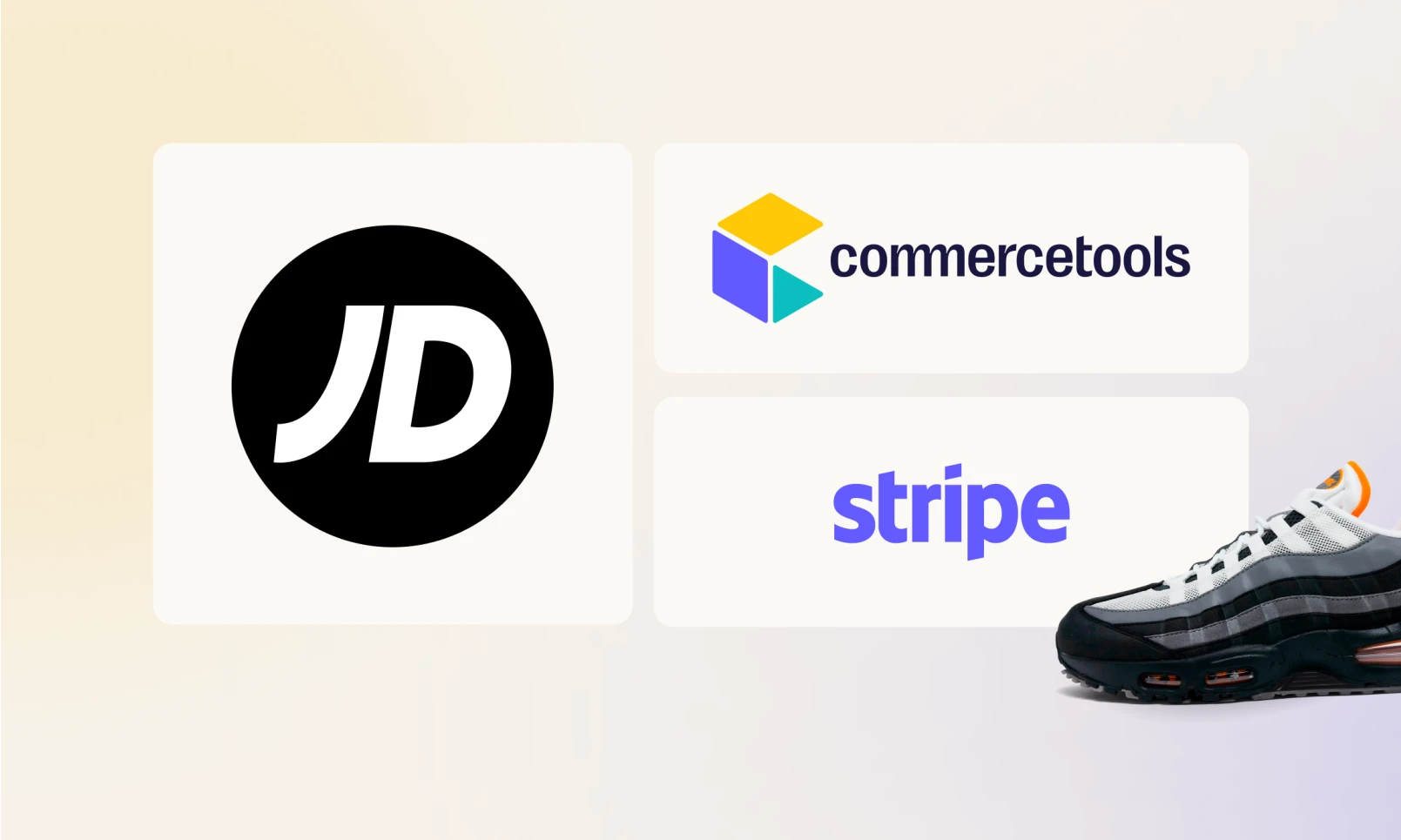 JD logo in black circle on left, commercetools logo above Stripe logo on the right, with a black and grey Nike Air Max sneaker at bottom right.
