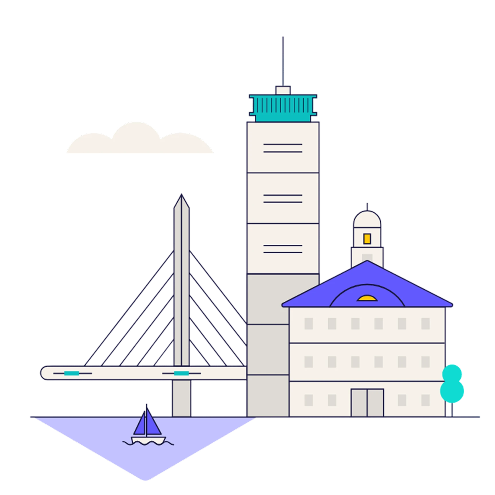 Illustration of a cityscape featuring a suspension bridge, a tall building, a traditional building with a blue roof, and a small blue sailboat on the water.