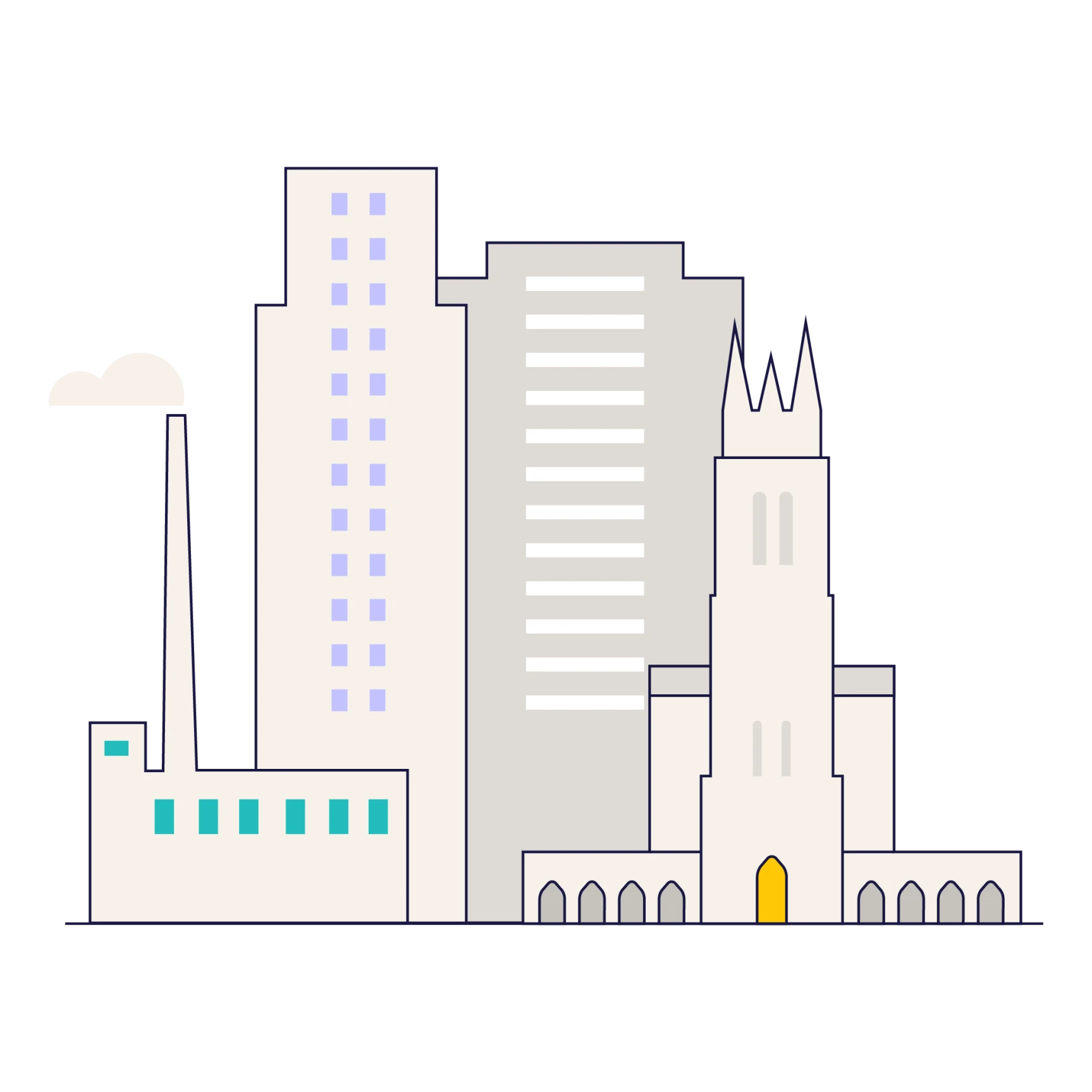 Illustration of a cityscape with buildings including a tall tower with spires and a smokestack emitting smoke.