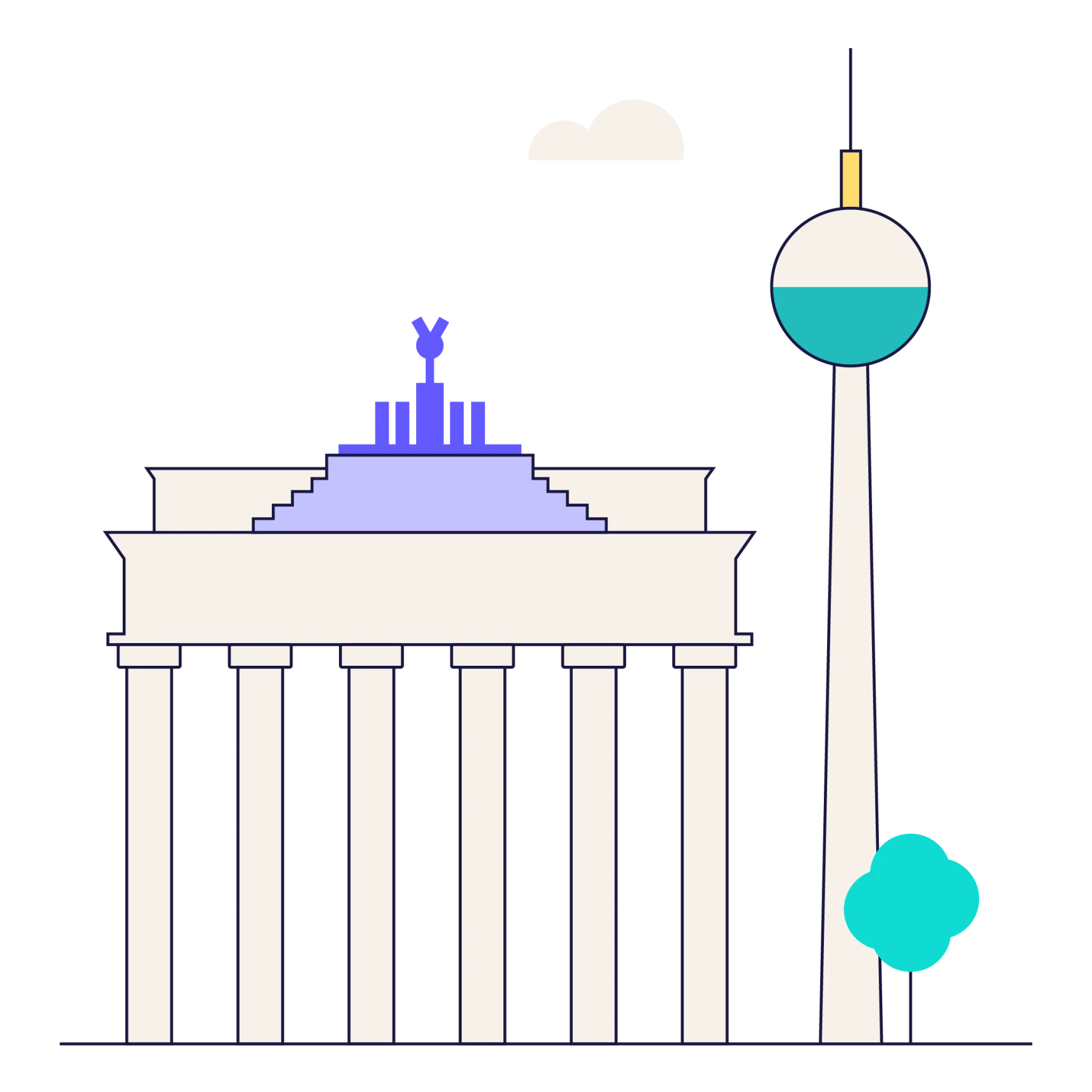Illustration of Berlin landmarks: Brandenburg Gate with columns and the Berlin TV Tower with a spherical top and a nearby tree.