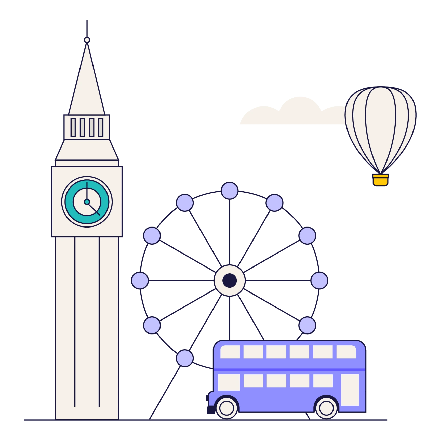 Illustration of London landmarks including Big Ben, a Ferris wheel, a double-decker bus, and a hot air balloon with a cloud in the background.