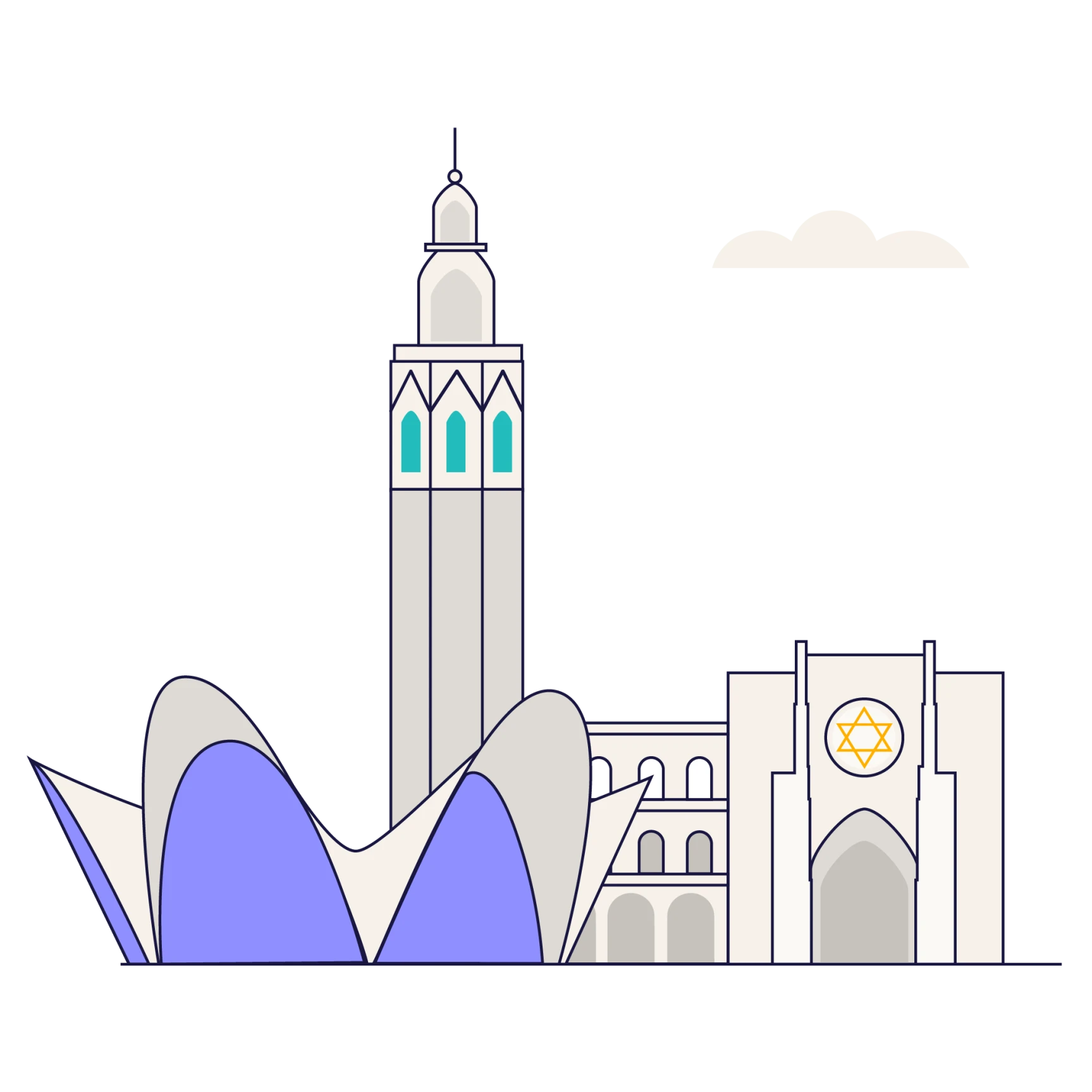 Illustration of iconic buildings including a tall tower with pointed windows, a modern curved structure, and a building with a Star of David symbol.