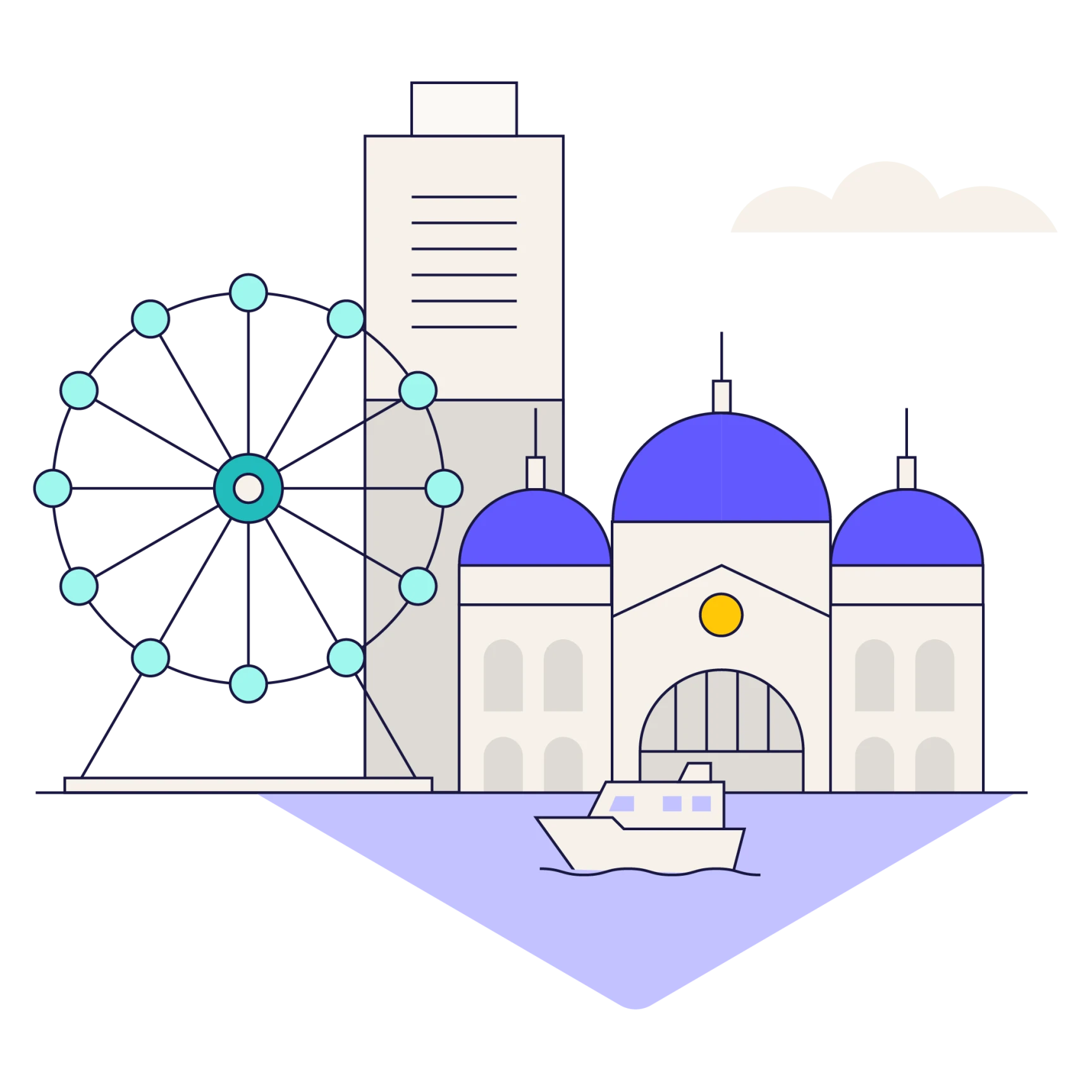 Illustration of a cityscape featuring a Ferris wheel, a modern building, domed structures, and a boat on water.