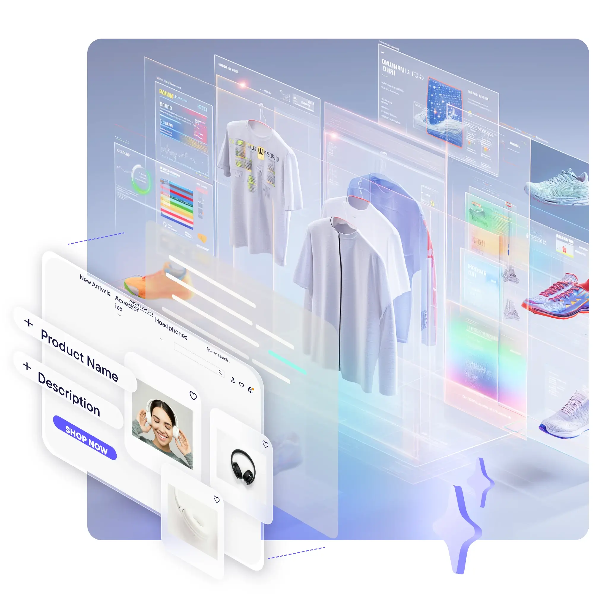 Digital interface showing an online shopping platform with headphones, clothing, and shoes displayed in layered transparent panels.