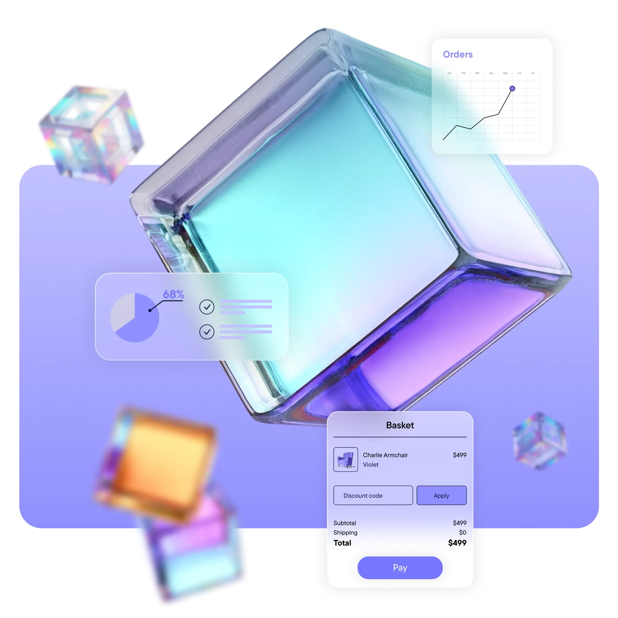 Digital illustration of translucent colorful cubes with floating e-commerce interface elements showing order graph, 68% pie chart, and a basket summary with a $499 violet armchair and a pay button.