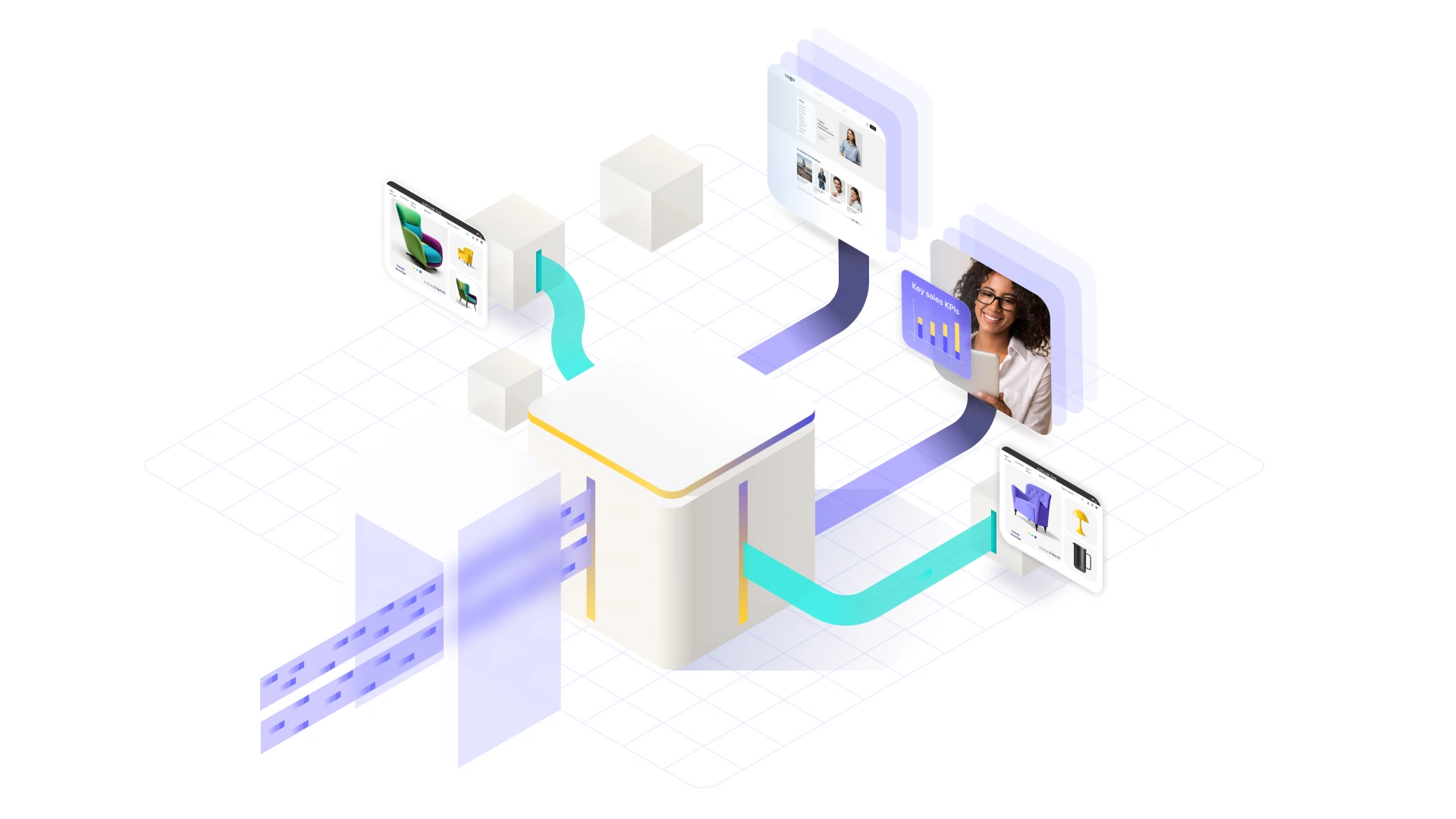 Illustration of a central white cube connected to floating web pages and a smiling woman with data charts, representing data integration or digital networking.