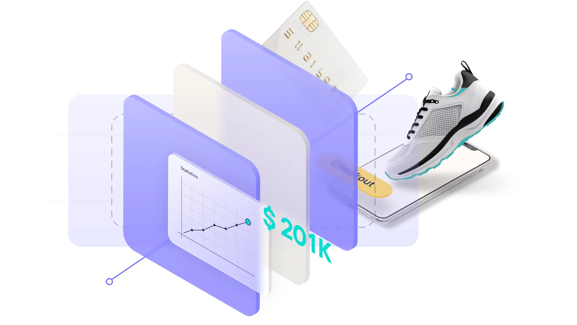 Illustration of overlapping translucent panels with a bar chart, $201K text, credit card, sneaker, and smartphone on a white background.