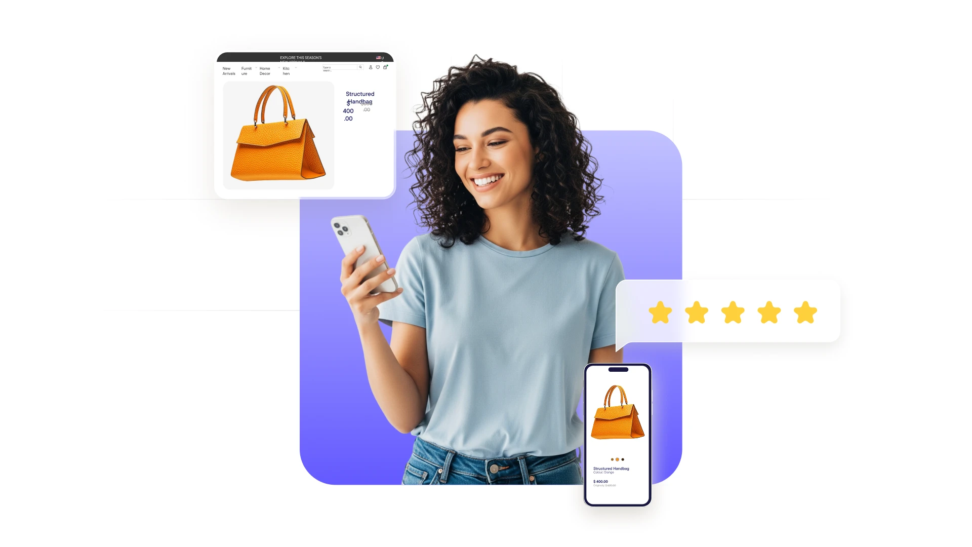 Smiling woman holding a smartphone, with an online shopping interface showing an orange structured handbag and a five-star rating.