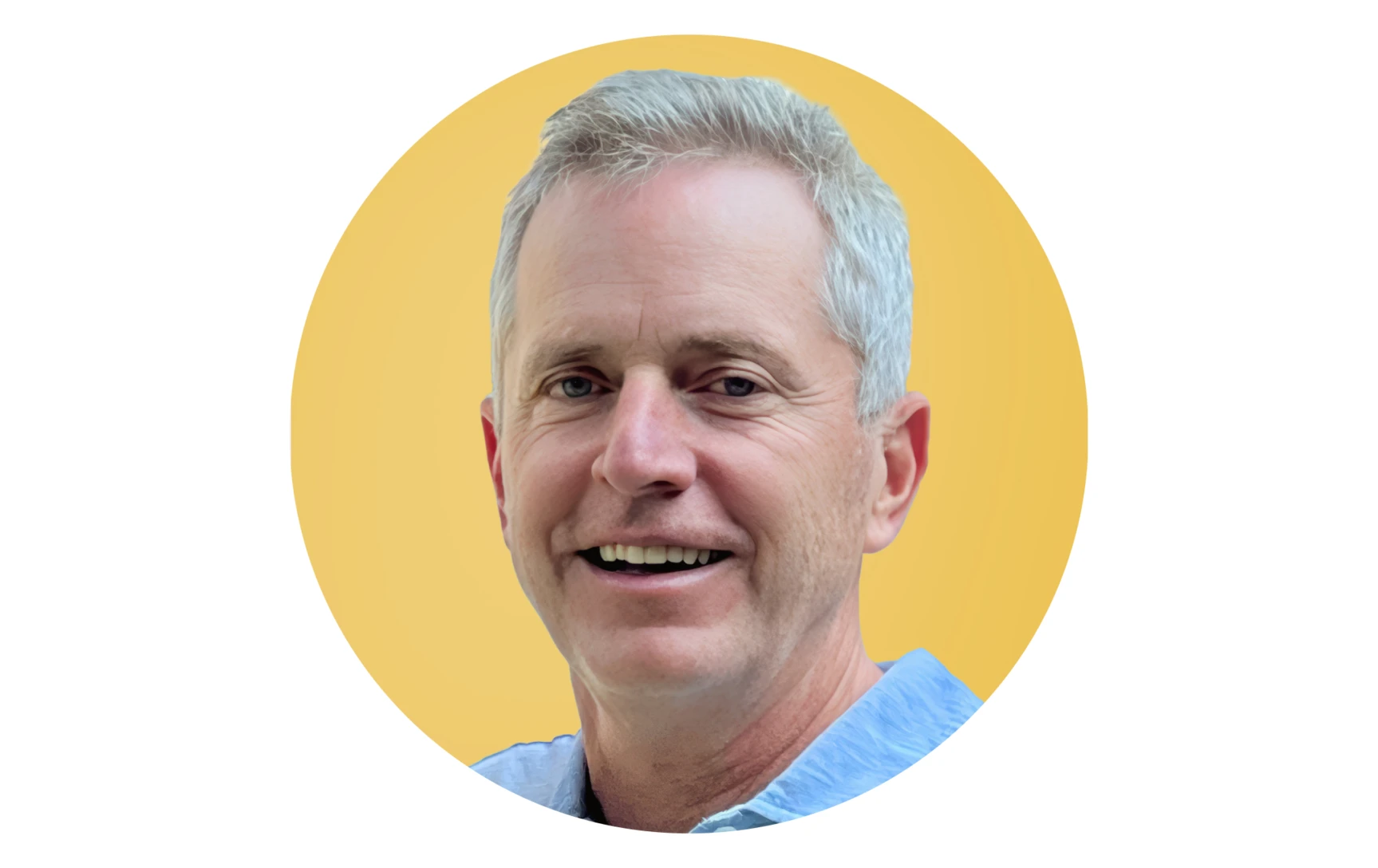 Smiling middle-aged man with short gray hair wearing a light blue shirt against a yellow circular background.