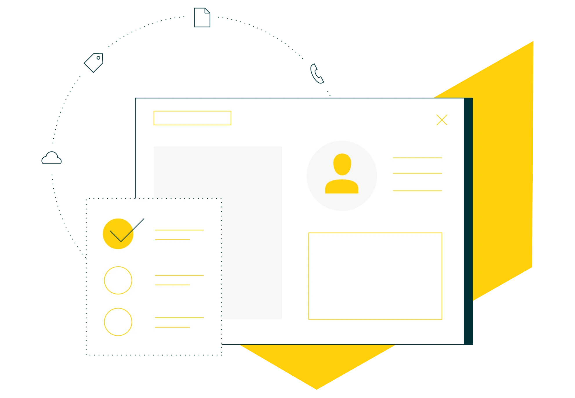 Simplified illustration of a digital user profile interface with an avatar icon, text lines, and a checklist with one completed item.