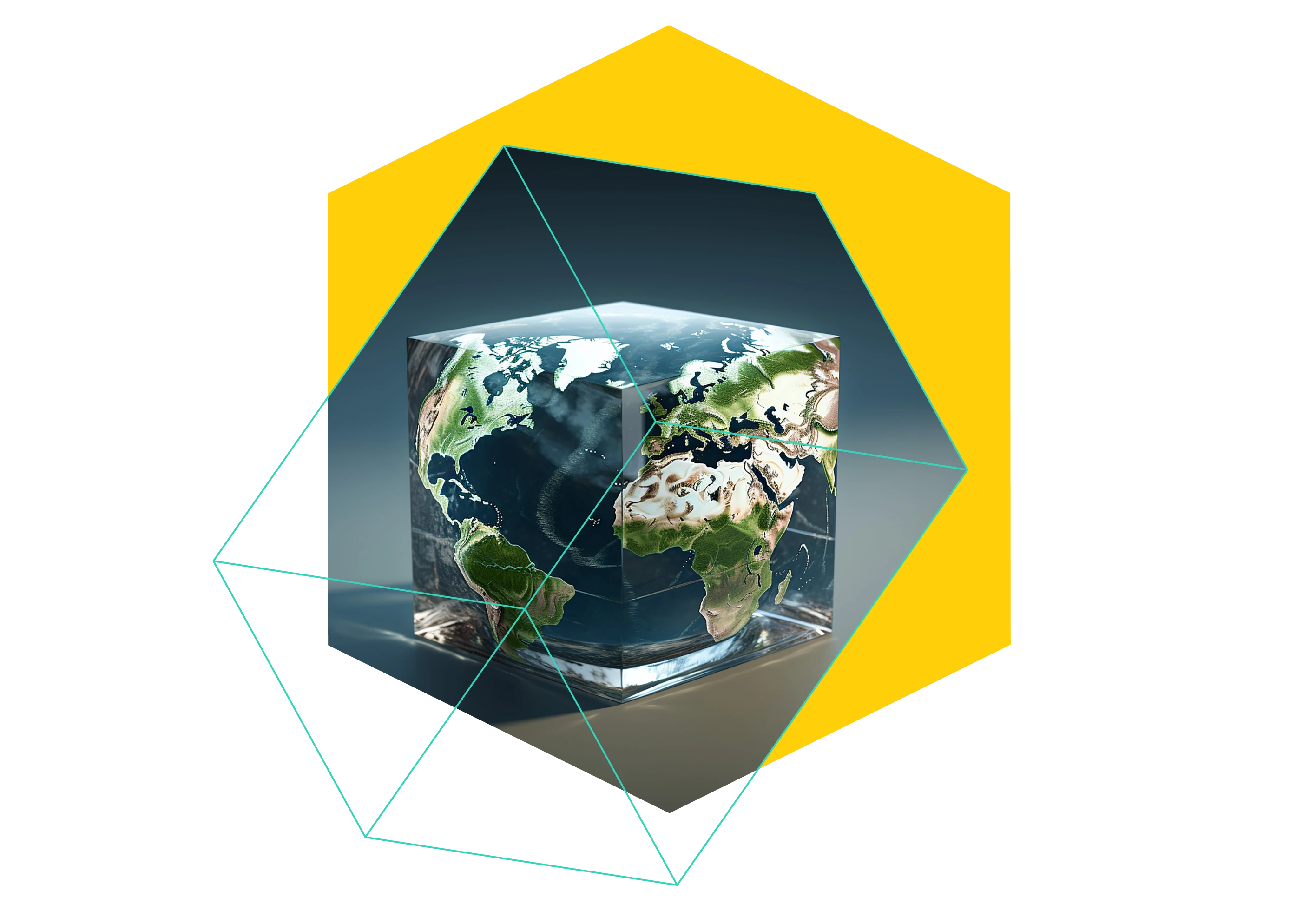 3D glass cube with a detailed Earth map on its faces, overlaid with geometric hexagon and wireframe shapes on a dark background.