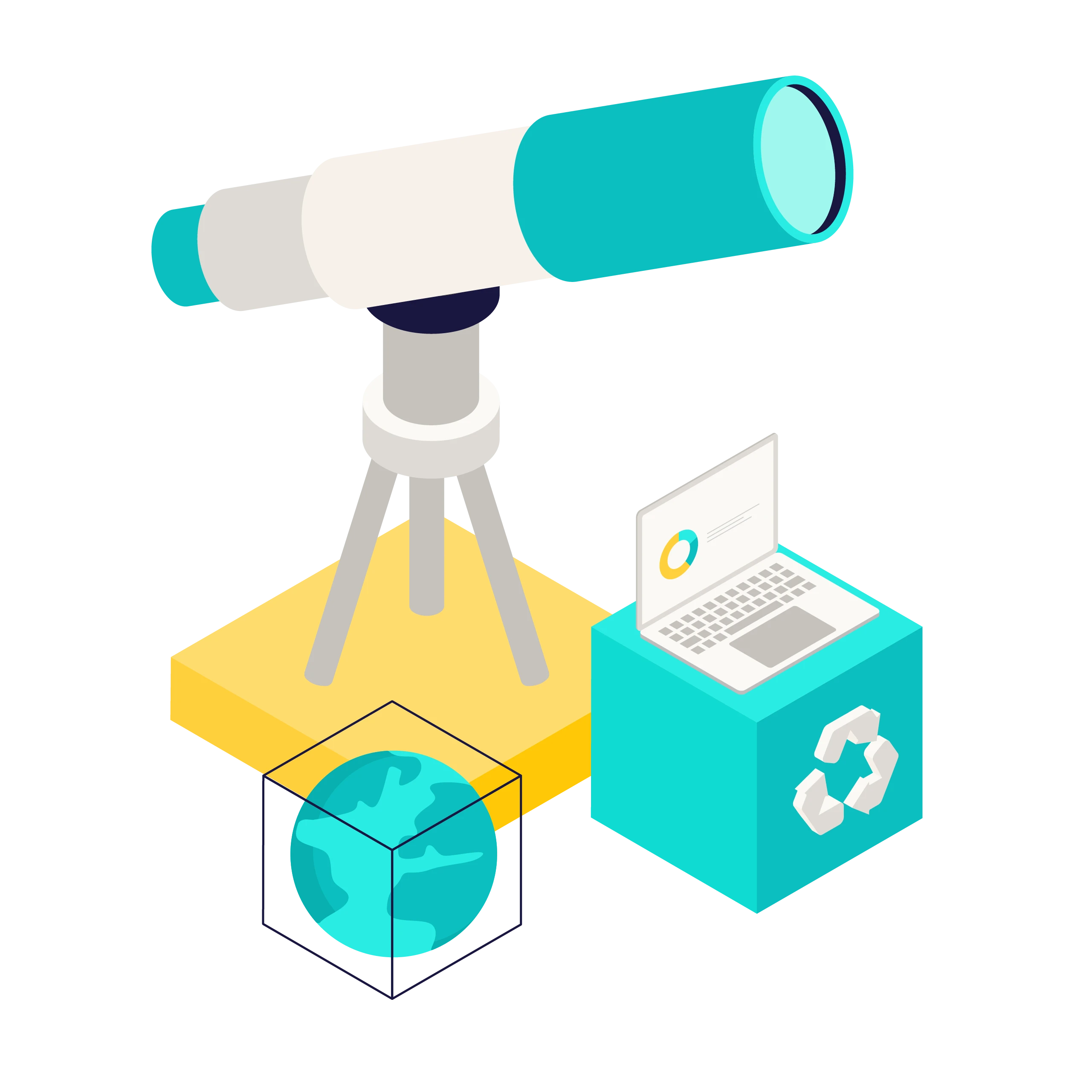 Isometric illustration of a large telescope on a tripod beside a globe enclosed in a cube and a teal block with a recycling symbol and an open laptop displaying a pie chart.