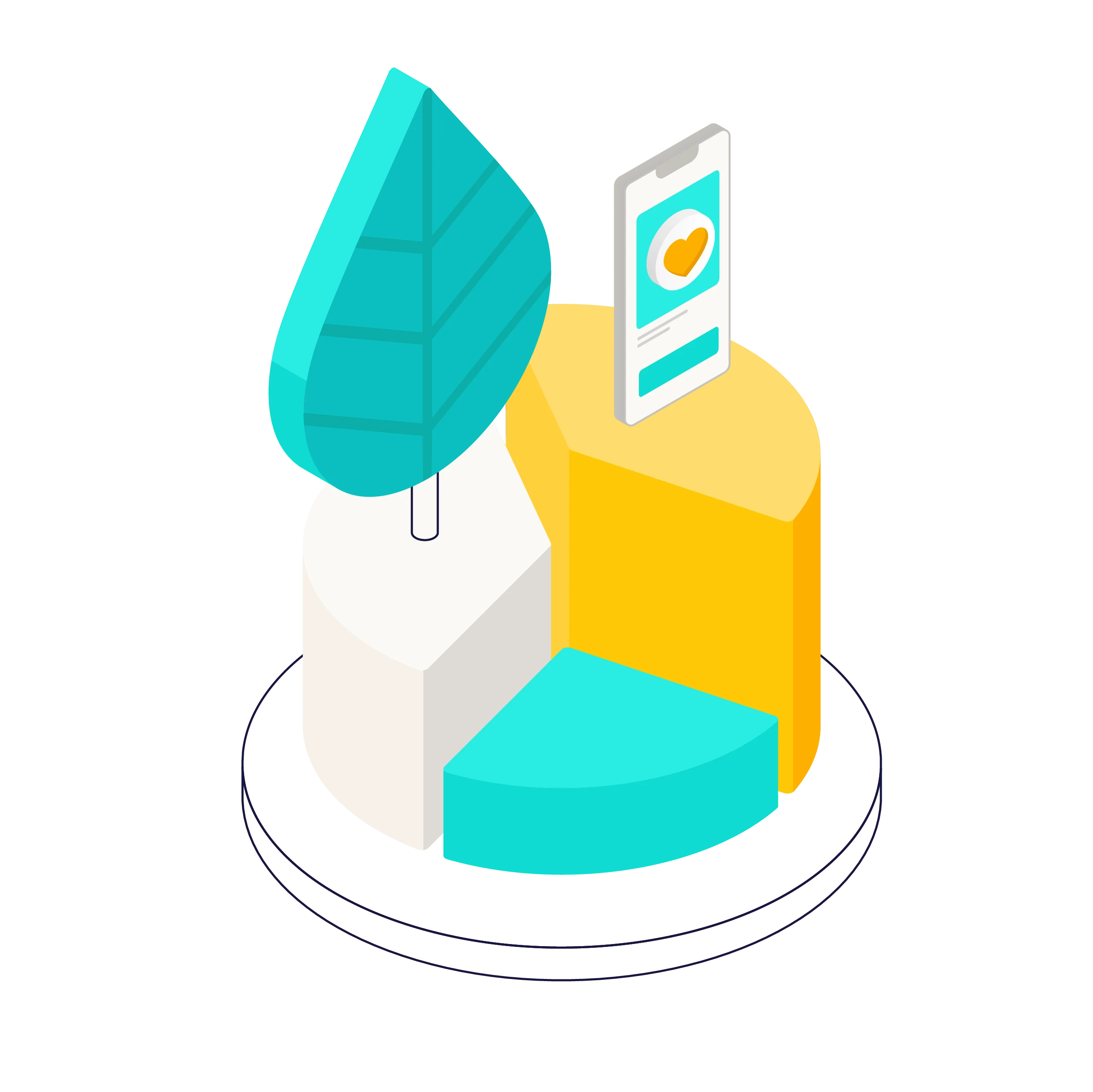 Isometric pie chart with three segments in white, yellow, and teal, featuring a teal leaf and a smartphone displaying a heart icon on top.